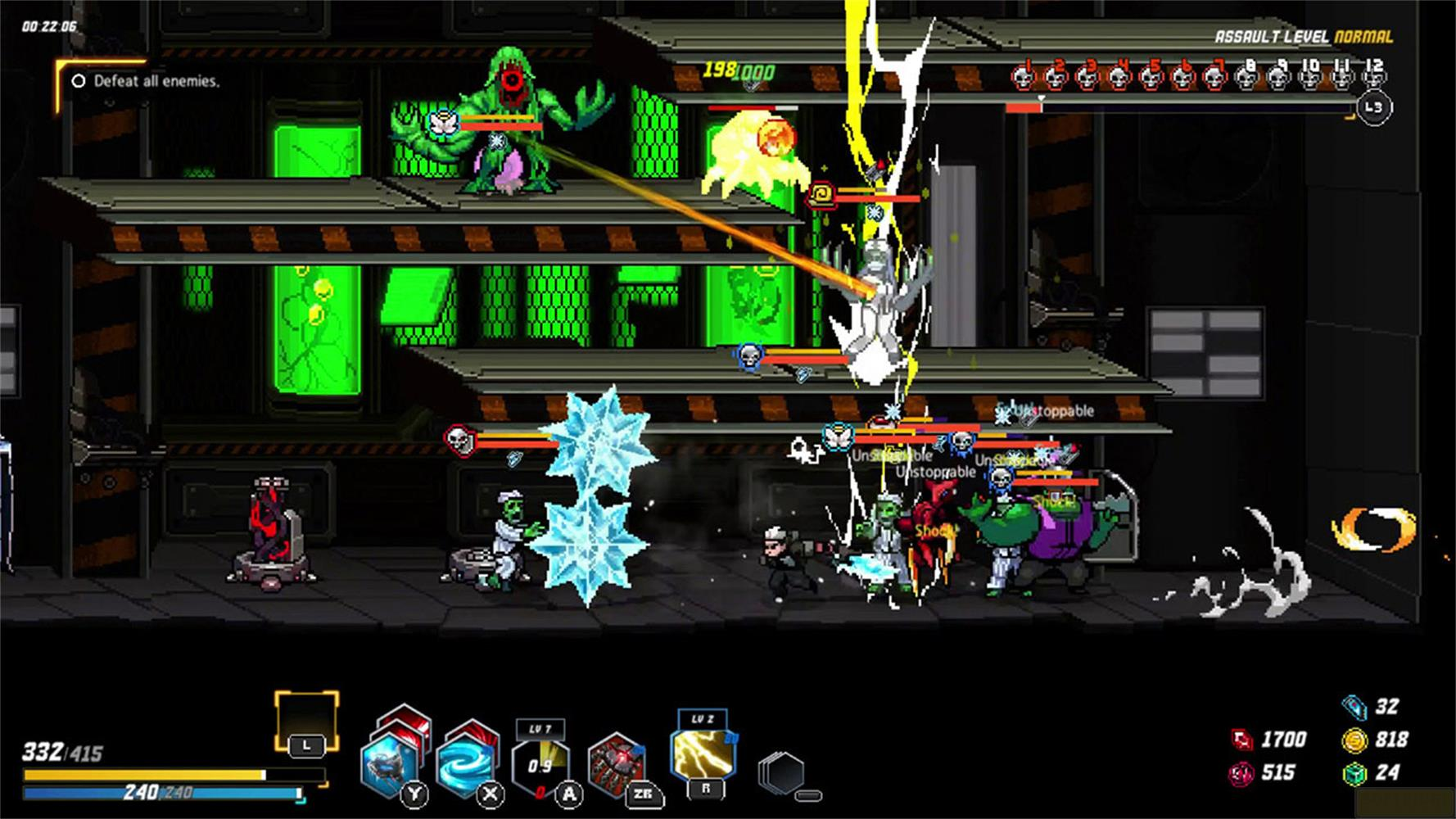 Gioco di combattimento pixel: Mostri verdi attaccano, i giocatori contrattaccano con ghiaccio ed energia.