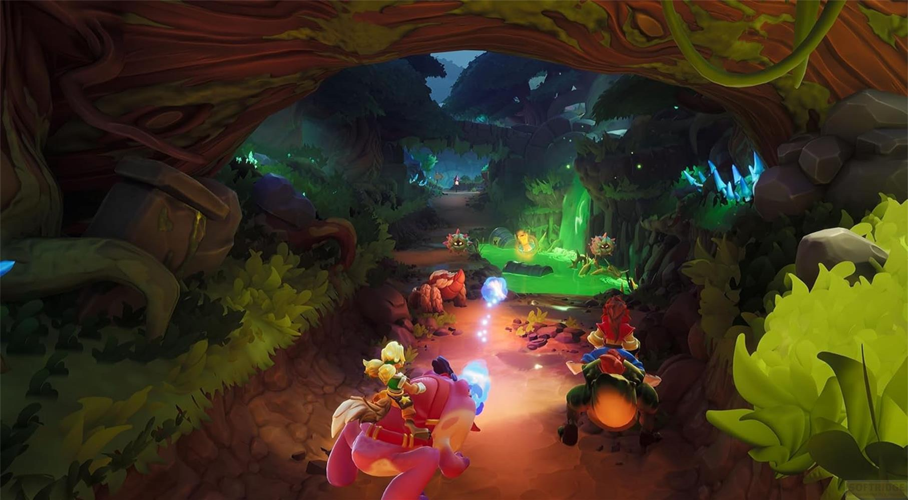 Due personaggi fantasy cavalcano creature su un sentiero attraverso una foresta magica con piante luminose.