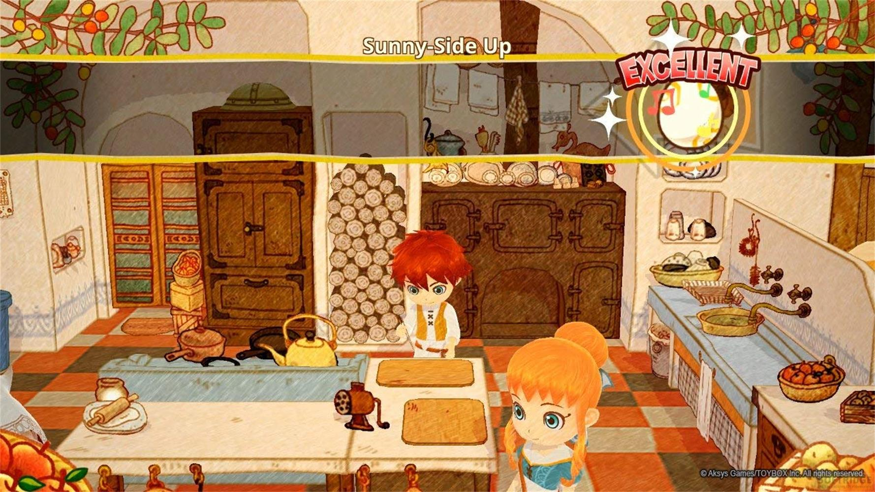 Eine Küche mit zwei Kindern, die an einer Werkbank stehen. "Sunny-Side Up" und "EXCELLENT" werden angezeigt.