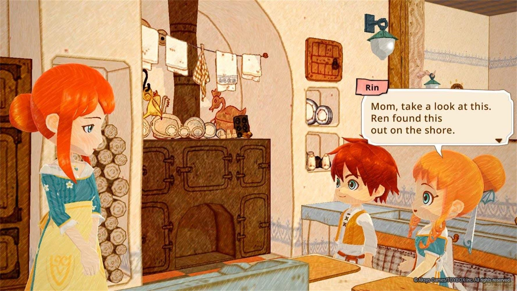 Drei Kinder in einem rustikalen Raum stehen vor einem Herd und einem Regal.