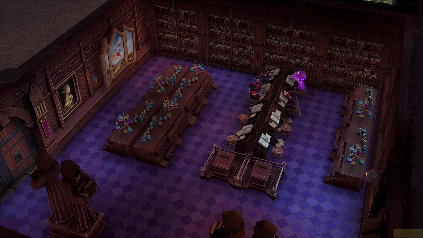 Ein gemütlicher Raum mit Bücherregalen, Tischen voller Flaschen und Kunstwerken.