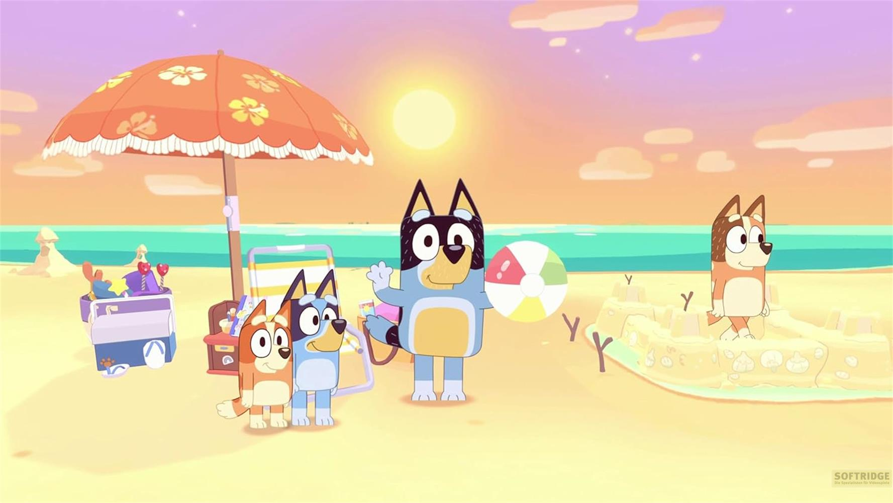 Bluey-Charaktere an einem sonnigen Strand mit Sonnenschirm, Kühler und Sandburg.