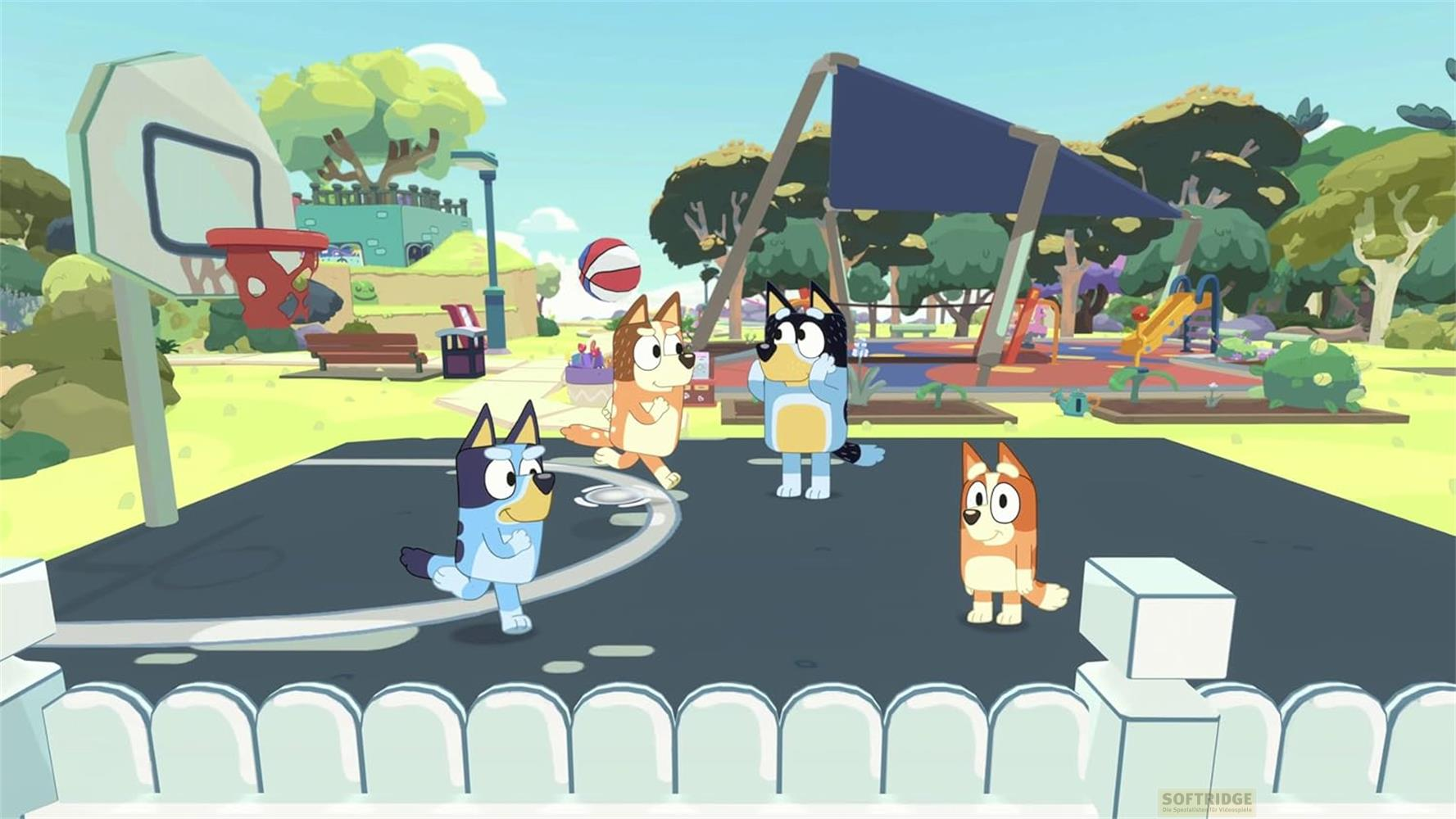Vier Hunde spielen auf einem Basketballplatz mit Spielplatz im Hintergrund.
