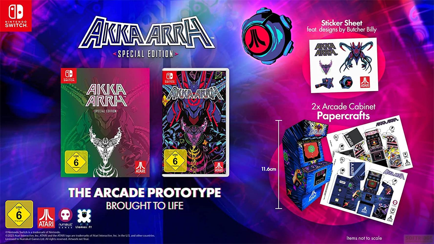 Giochi Nintendo Switch, adesivi e cabinati arcade di carta per Akka Arra.