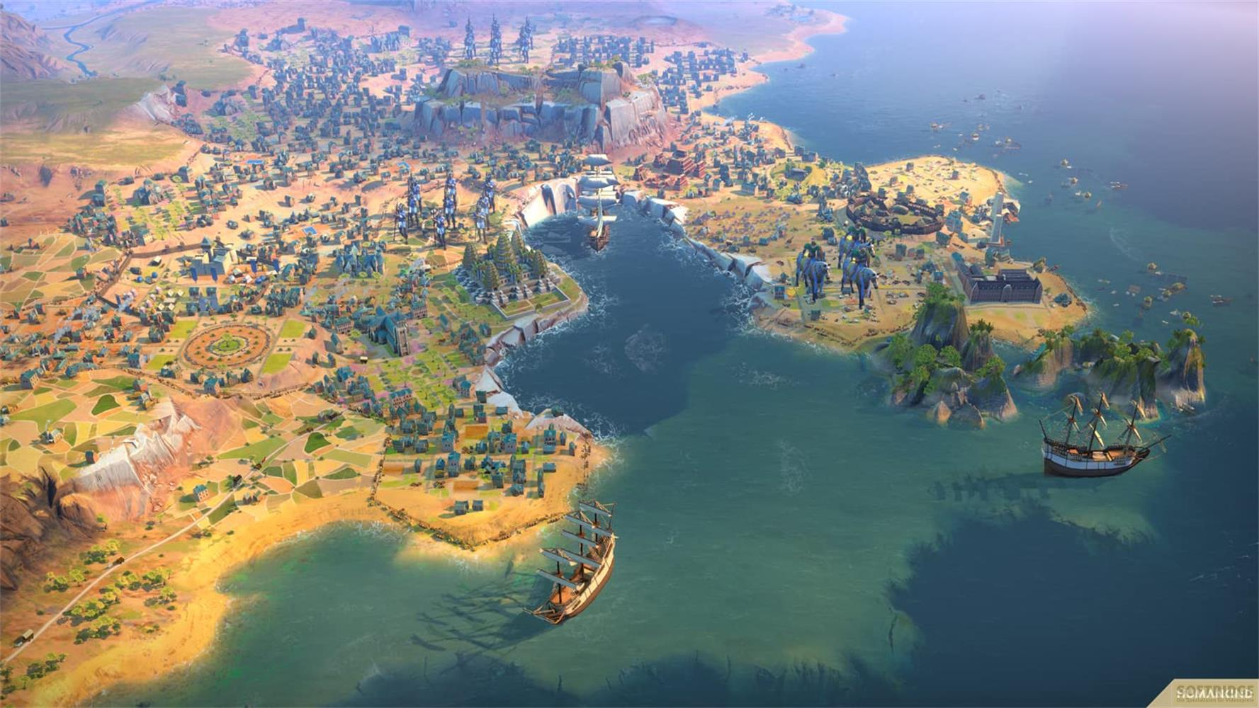 Eine weitläufige Stadtlandschaft mit Gebäuden, Feldern und Schiffen am Meer.