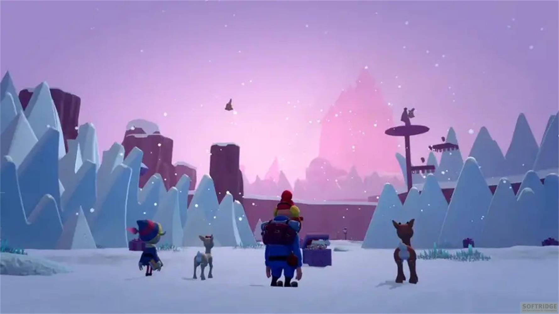 Scena invernale stilizzata con personaggi e cervi in un paesaggio innevato.