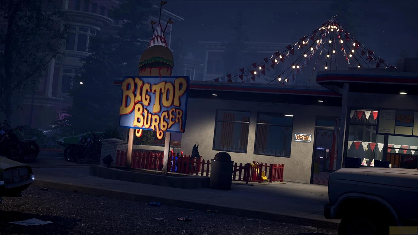 Big Top Burger Diner bei Nacht mit festlicher Beleuchtung und Vintage-Flair. Offenes Schild leuchtet.