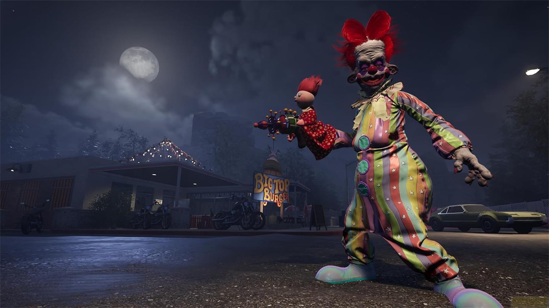 Ein gruseliger Clown mit einem Spielzeuggewehr steht vor einem Burgerladen bei Nacht.