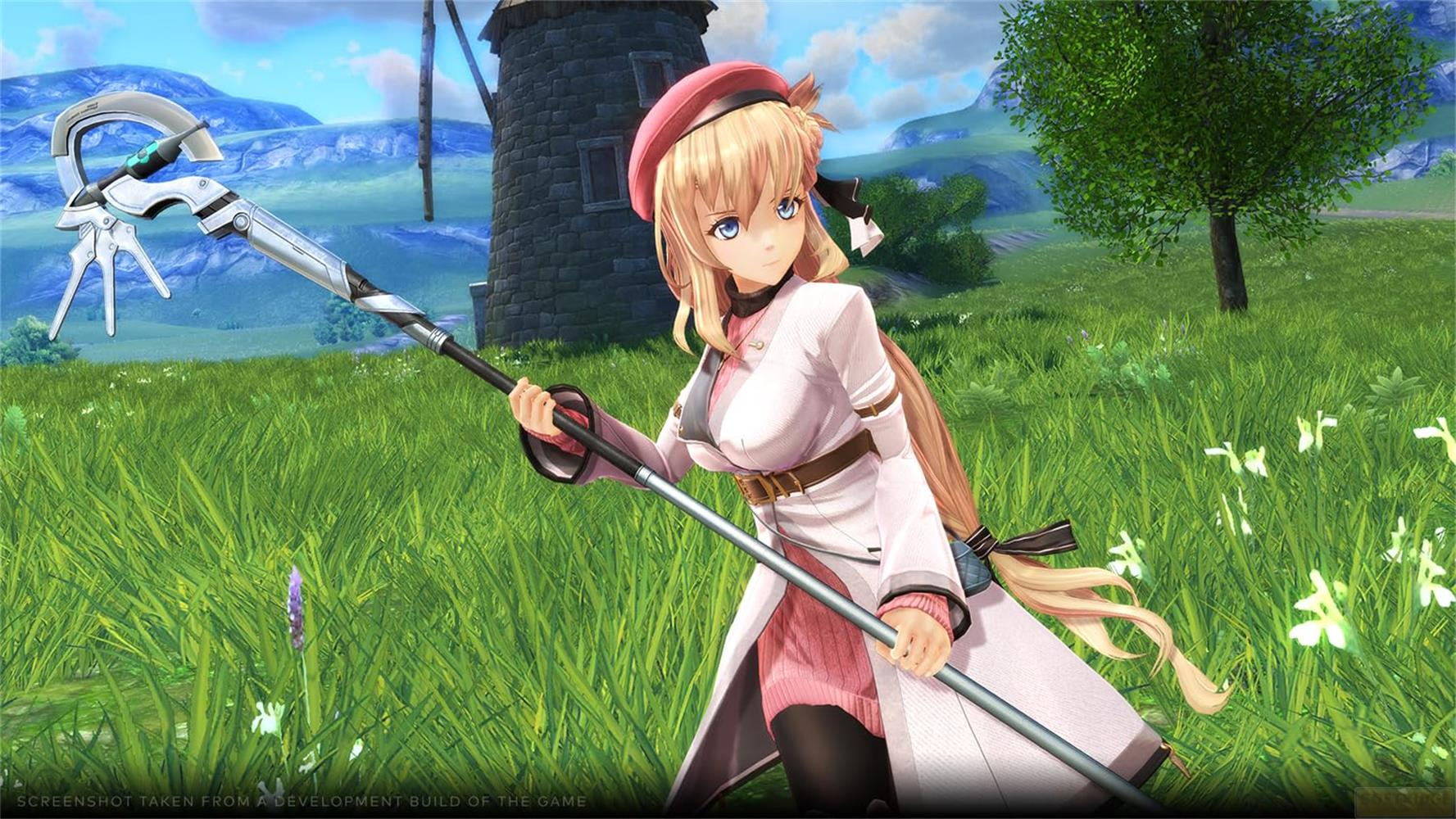 Eine Anime-Figur mit blonden Haaren und einem rosa Hut hält einen Stab in einer grünen Wiese.
