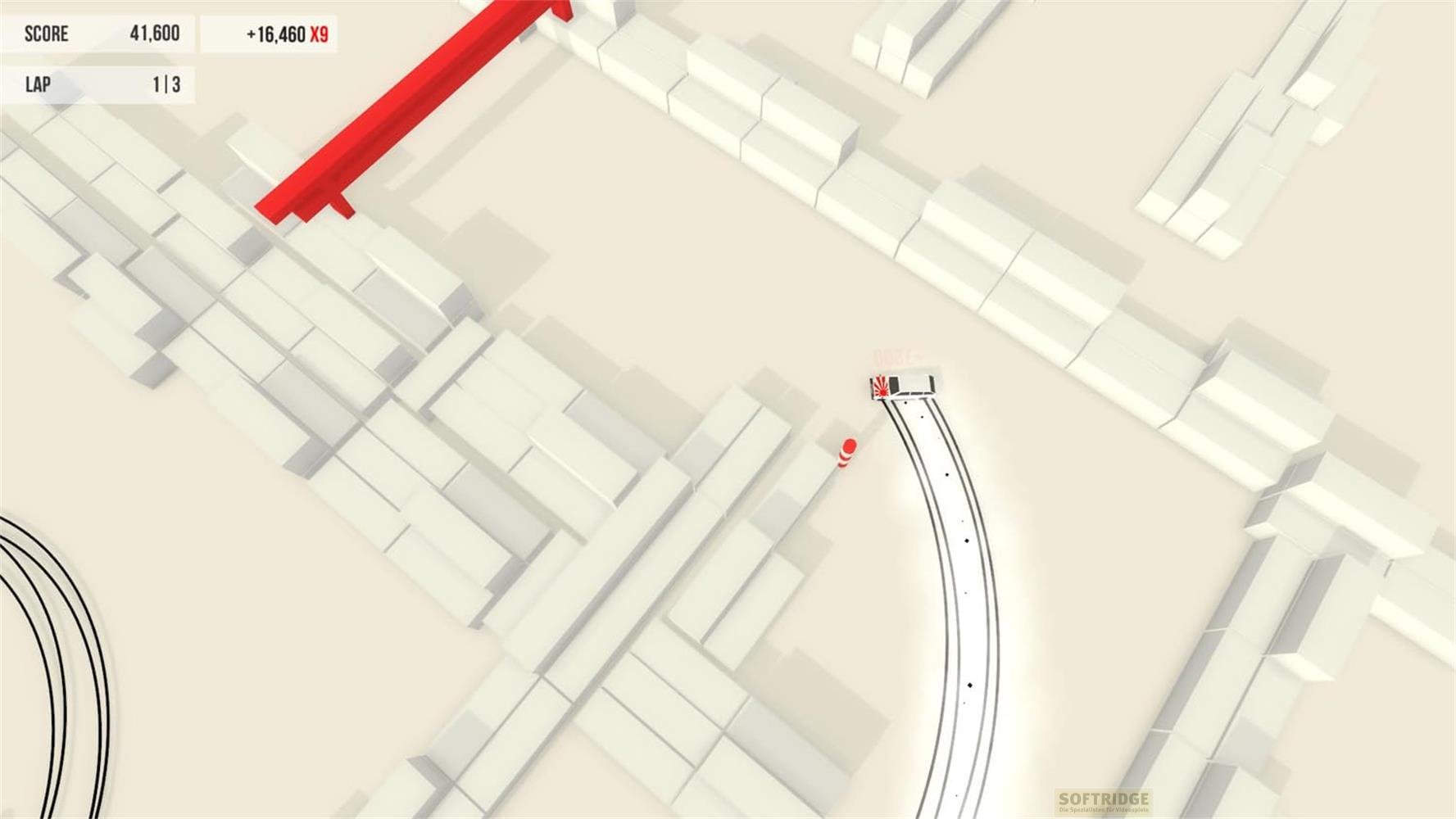 Ein weißes Auto fährt auf einer Strecke mit weißen Blöcken. Punktestand: 41.600, Runde: 1/3.