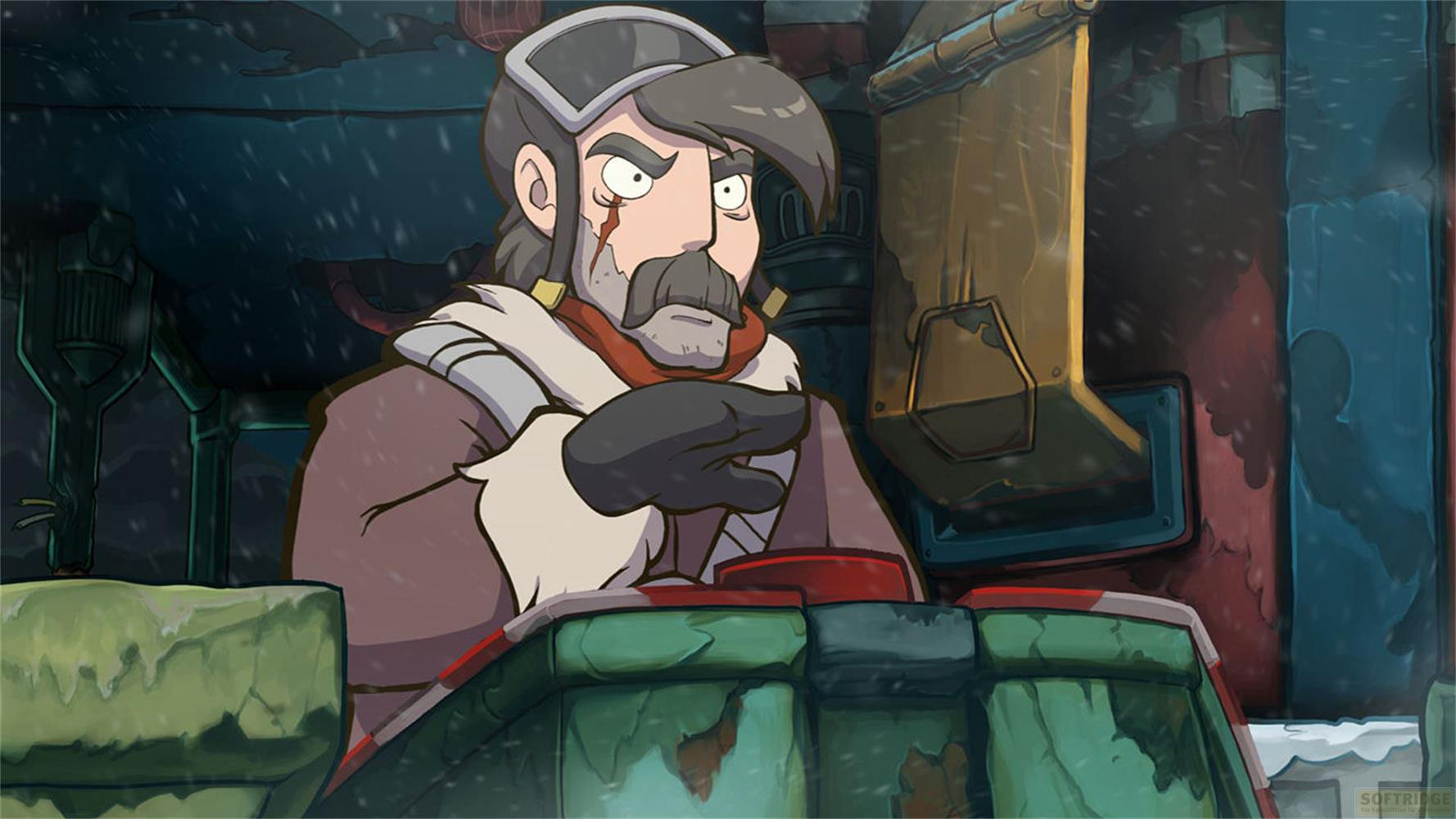 Un homme avec barbe et moustache, porte une veste marron et écharpe rouge.