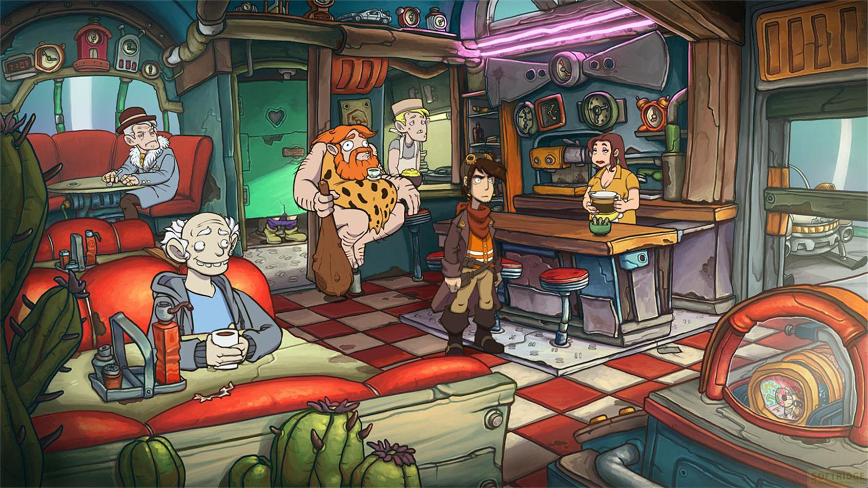 Montre un café Steampunk animé avec divers personnages assis aux tables et au comptoir.