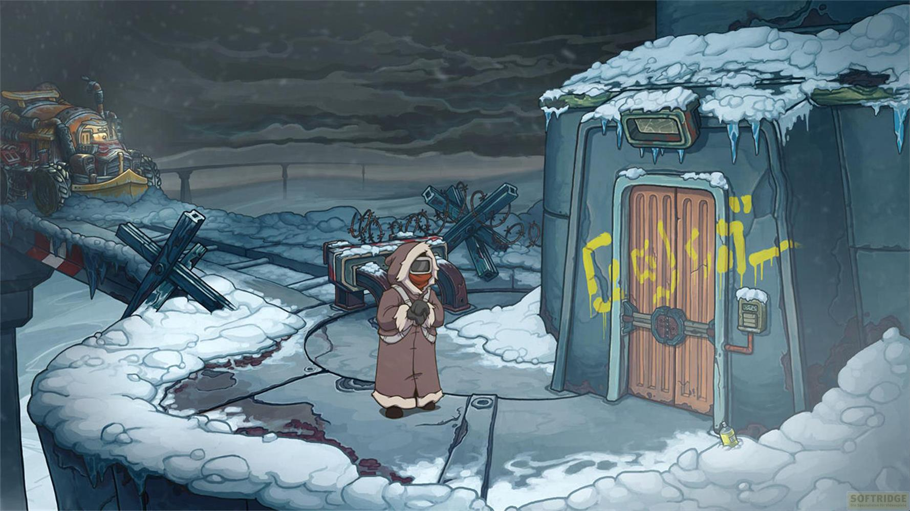 Une personne en vêtements d'hiver se tient devant un bâtiment enneigé à porte en bois.