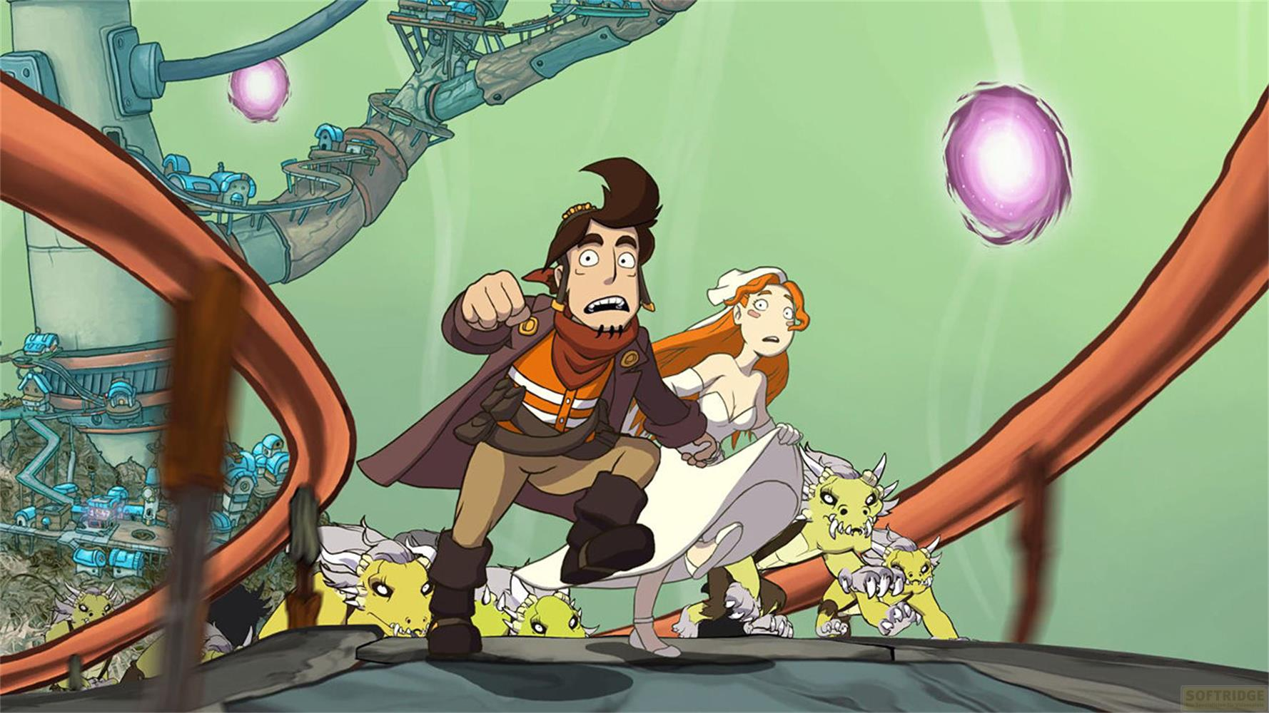 Un homme et une femme fuient des créatures jaunes dans un monde futuriste avec des portails.