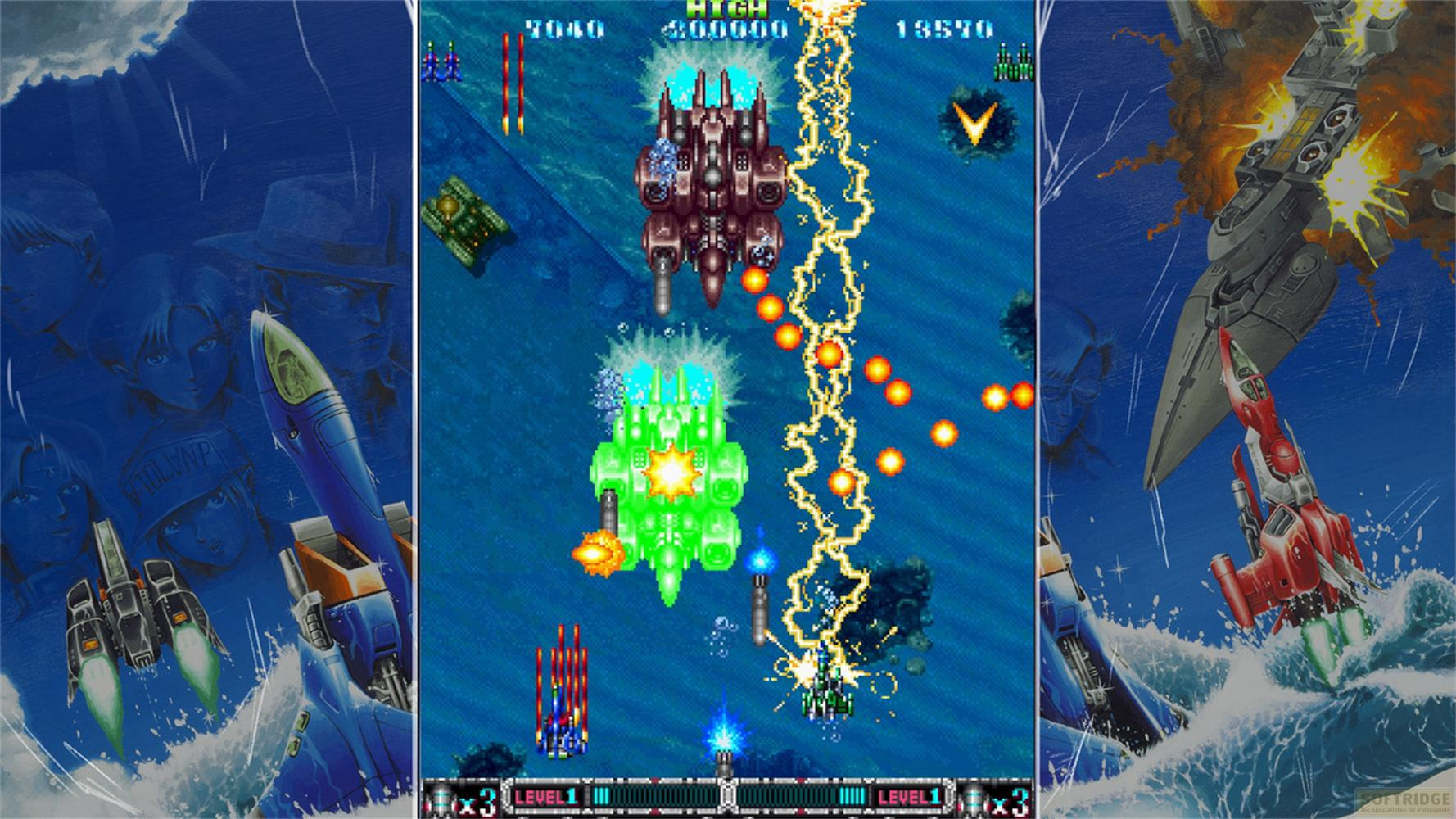 Ein retro-Sci-Fi-Shooter mit Schiffen, Explosionen und Wellen.