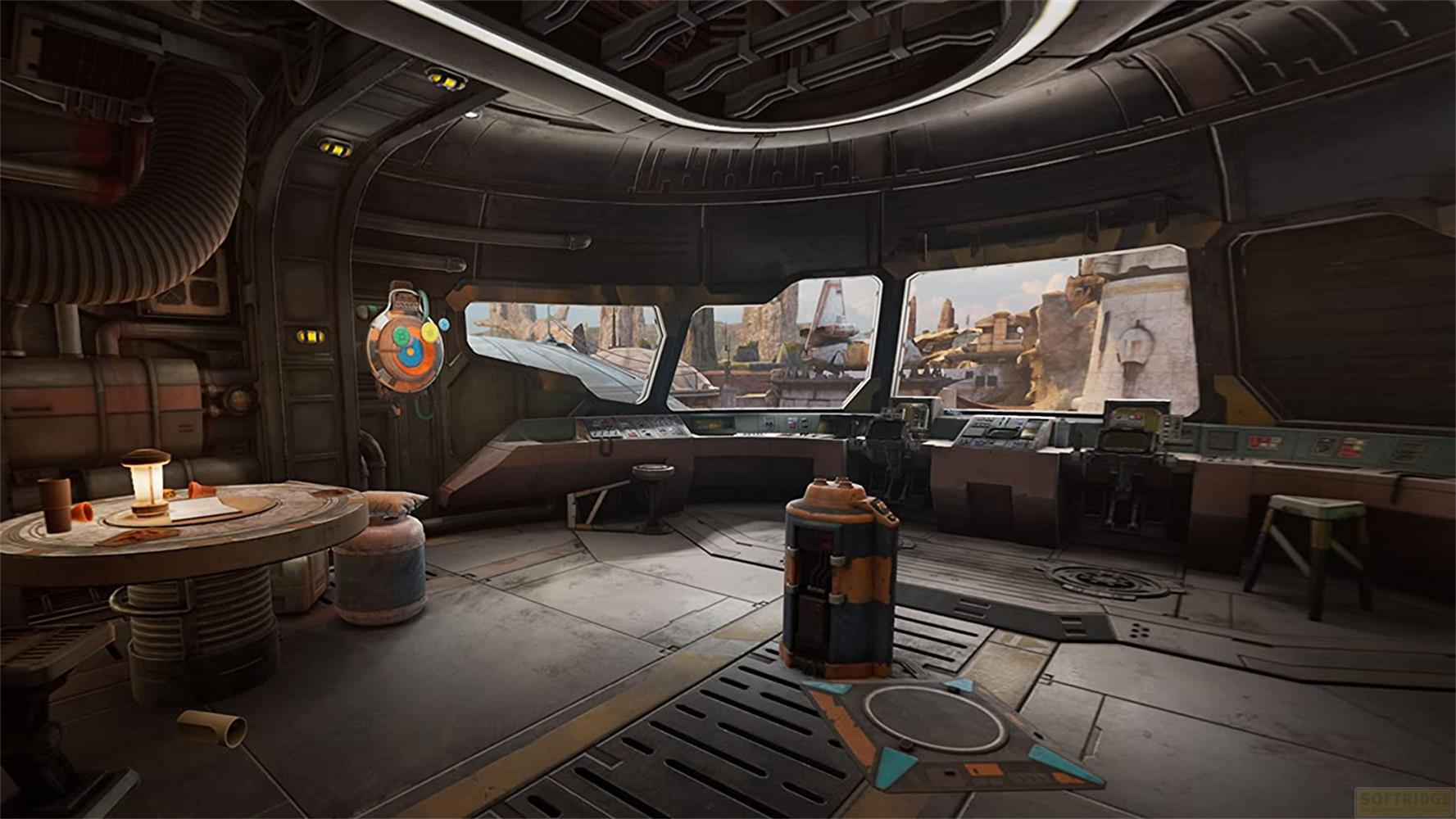 Ein Raumschiff-Cockpit mit Fenstern, die auf eine außerirdische Stadt blicken.