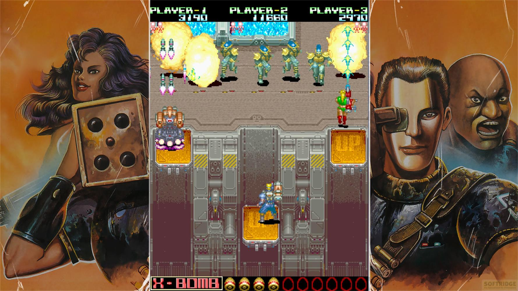 Arcade-Spielszene mit Kriegerinnen und Spielern, die kämpfen.