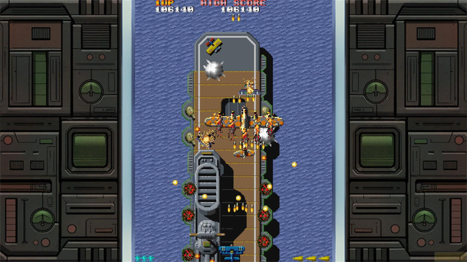 Flugzeuge kämpfen über einem Flugzeugträger im Retro-Arcade-Stil.