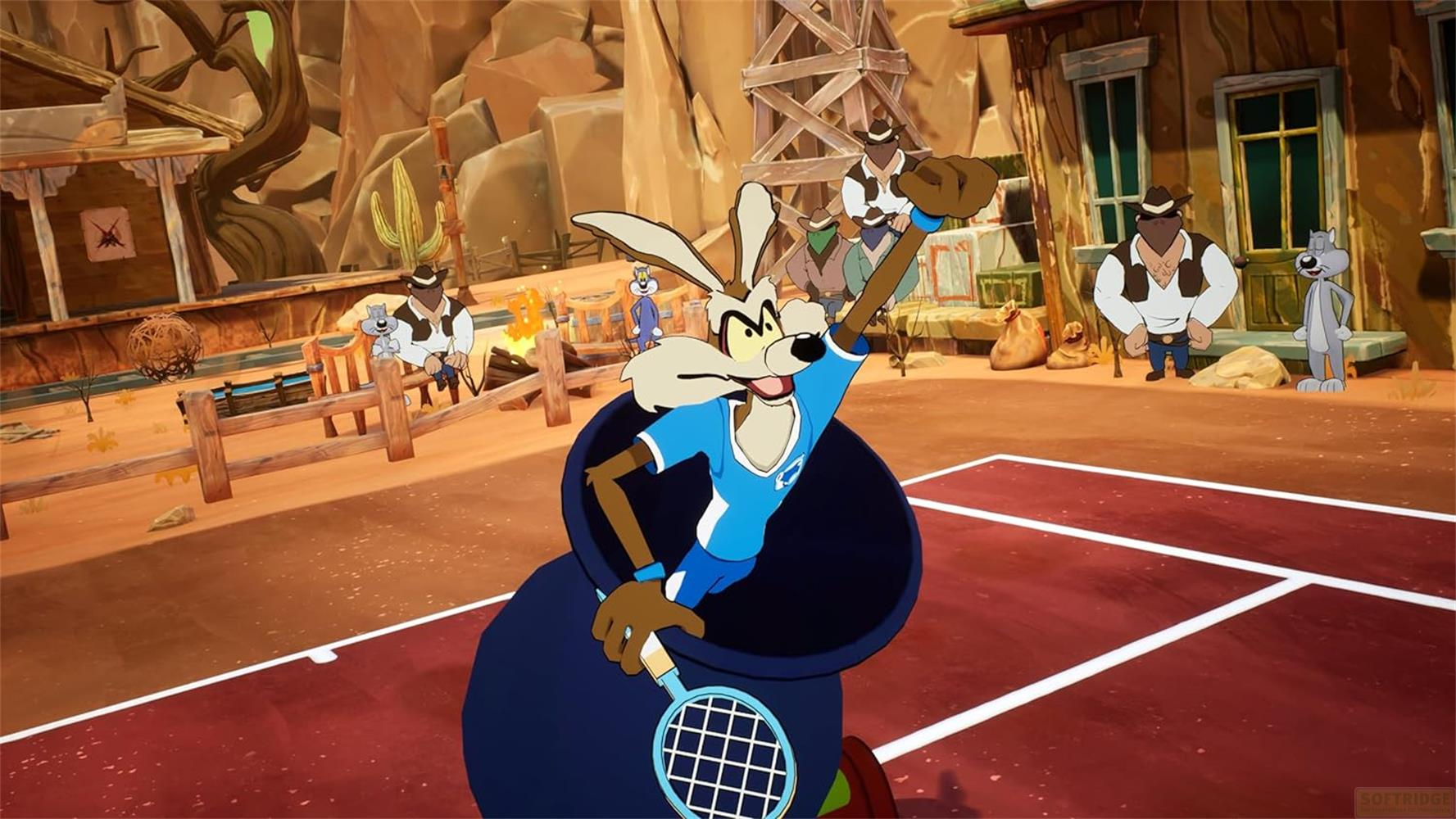 Wile E. Coyote spielt Tennis in einer Wüstenstadt, andere Charaktere im Hintergrund.