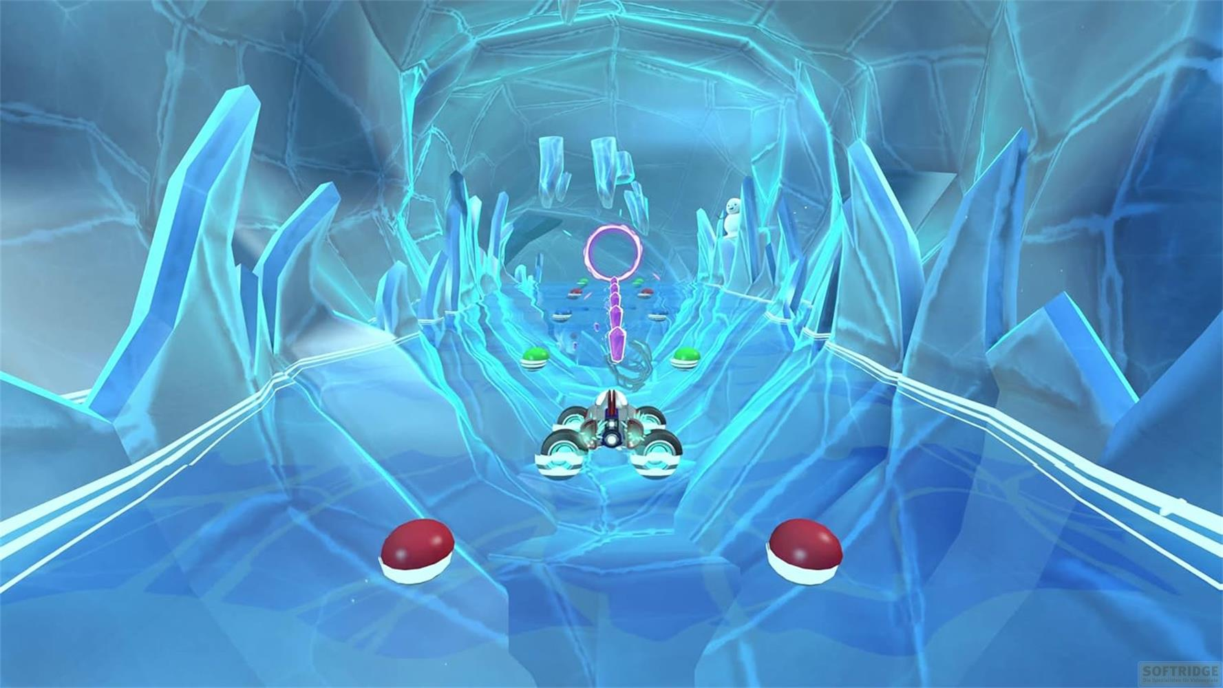 Ein futuristisches Fahrzeug rast durch eine eisige Höhle mit blauem Eis und roten Kugeln.