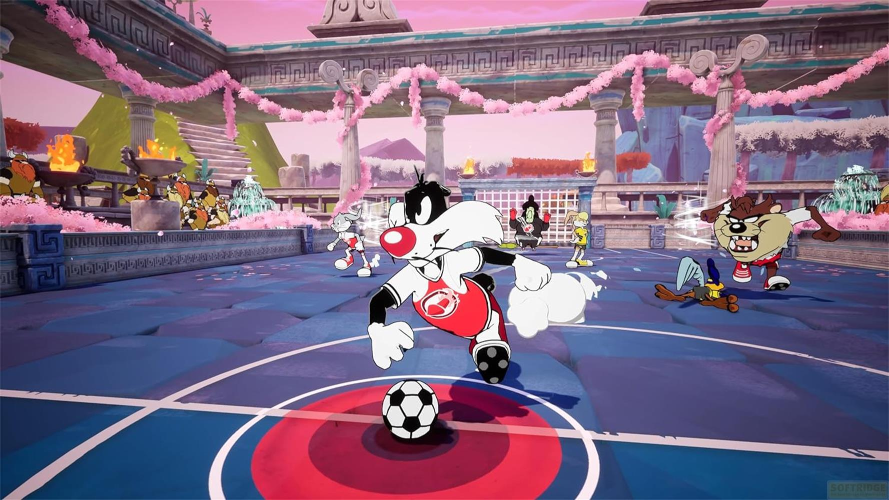 Sylvester der Kater spielt Fußball mit Bugs Bunny, Lola Bunny und dem Tasmanischen Teufel.
