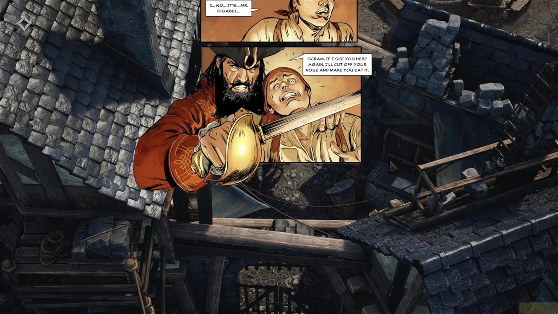 Ein Pirat bedroht einen Mann mit einem Schwert. Comic-Stil.