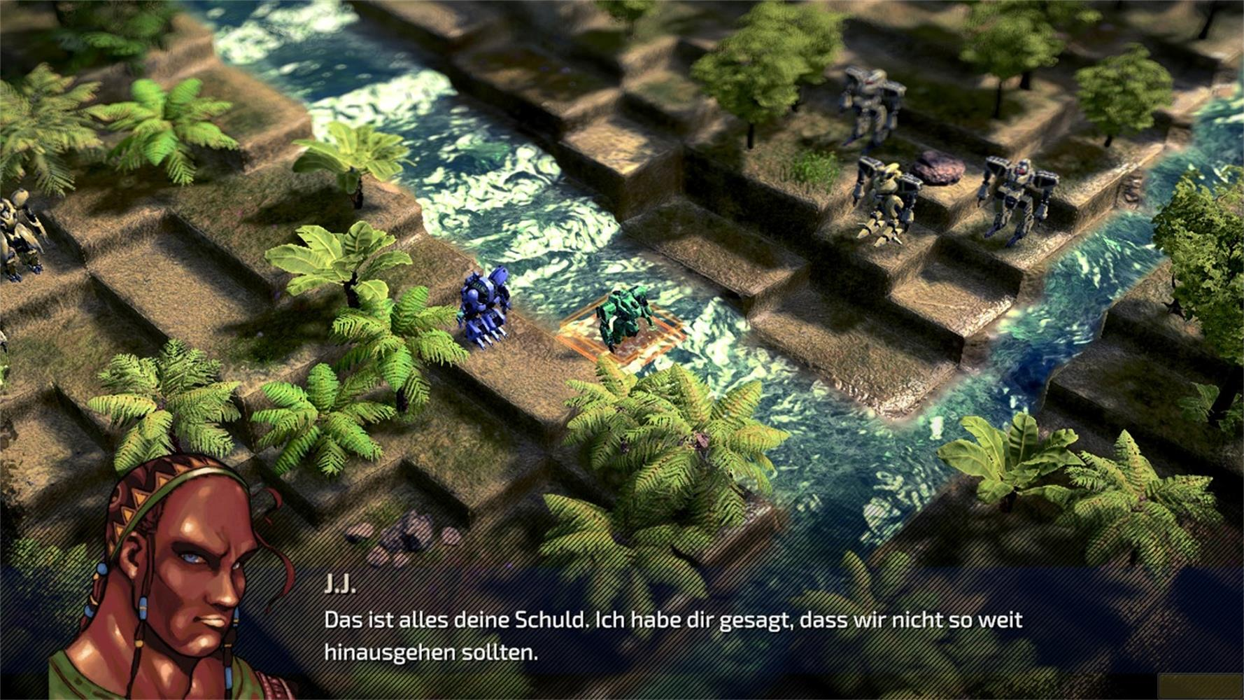 Ein strategisches Spielbrett mit Robotern, Pflanzen und Wasser.