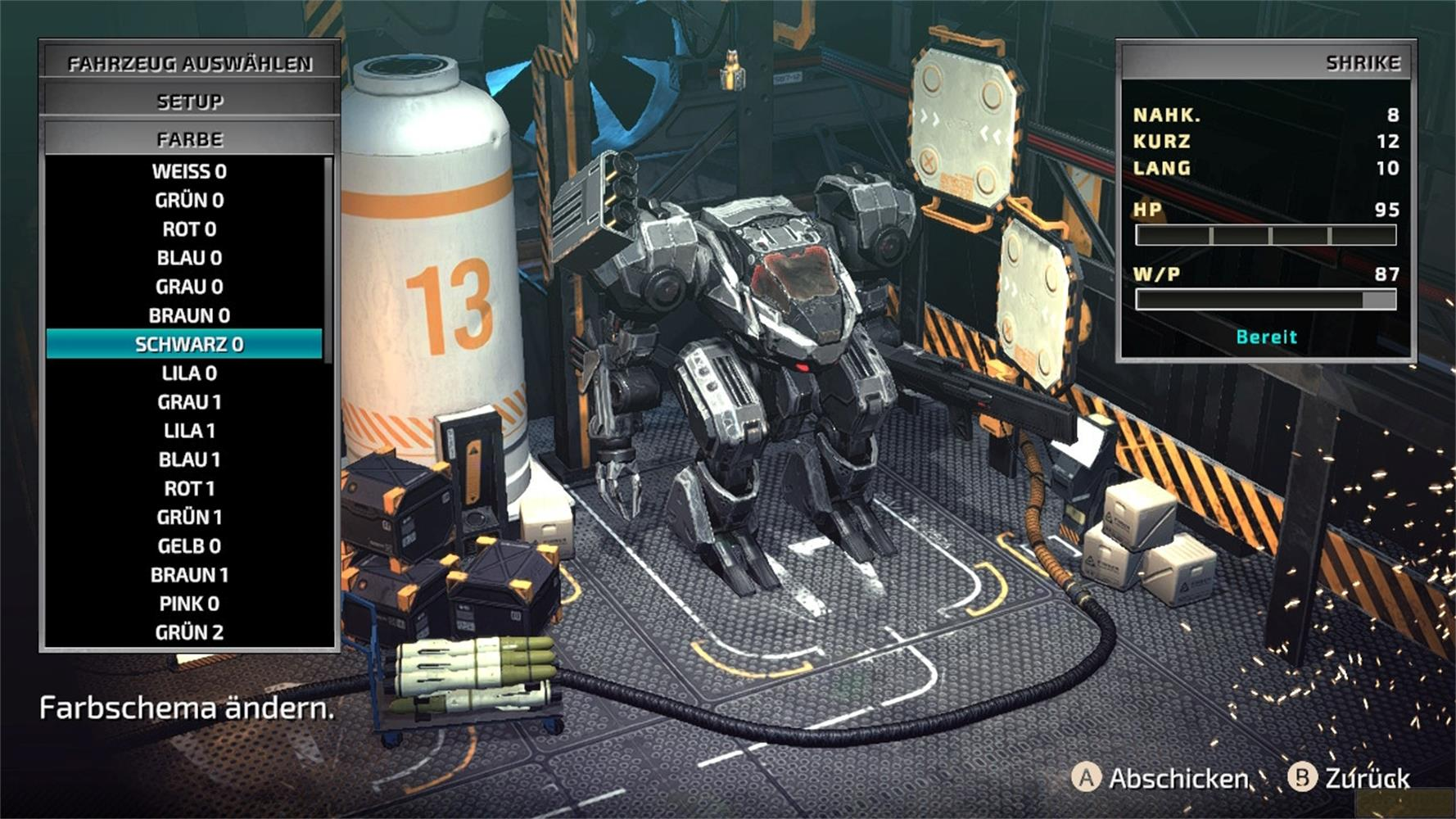 Ein Mech im Hangar, Menü zeigt Farbauswahl und Werte an.