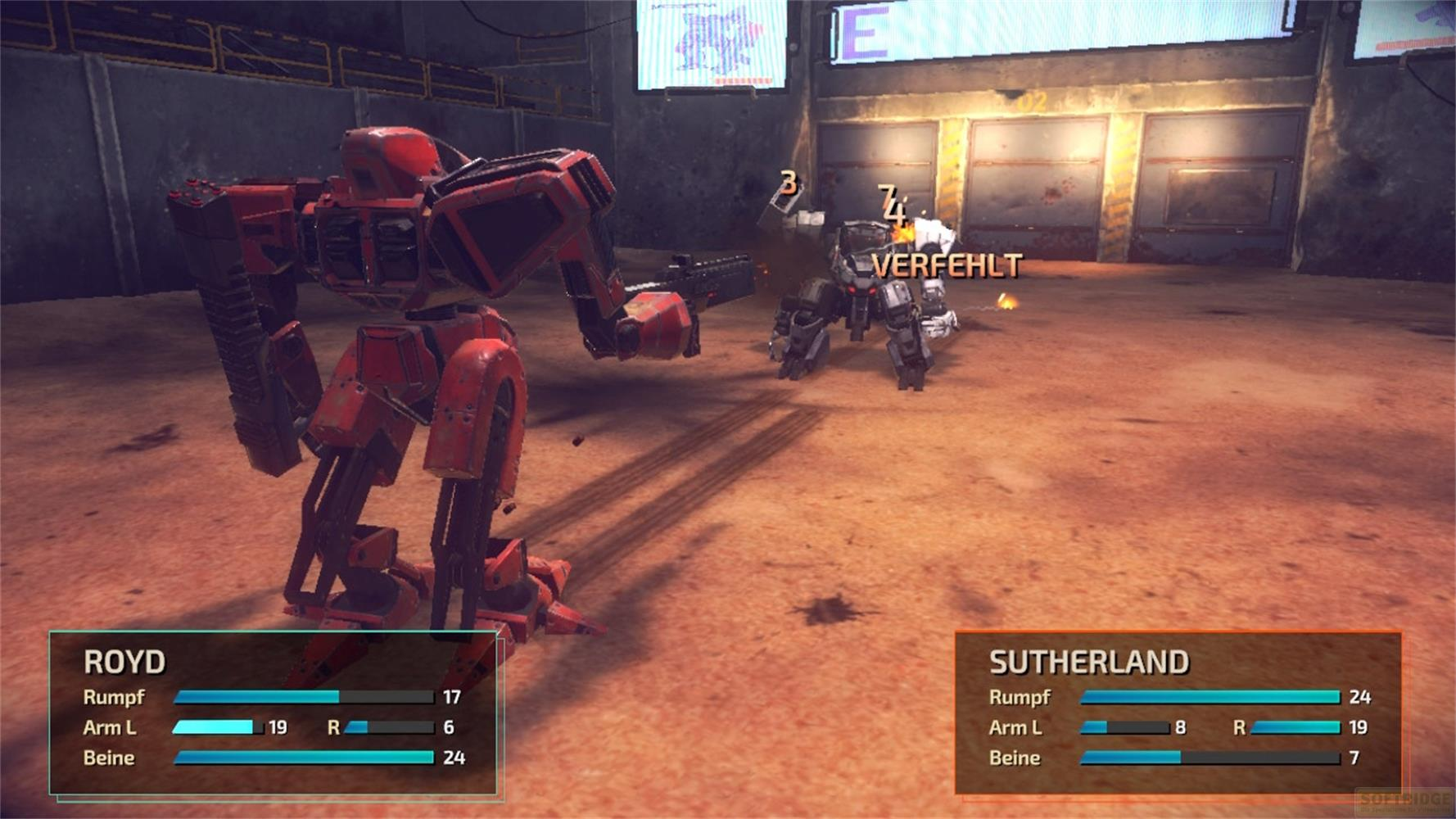 Zwei Mechs kämpfen in einer staubigen Arena. Einer ist rot, der andere grau.