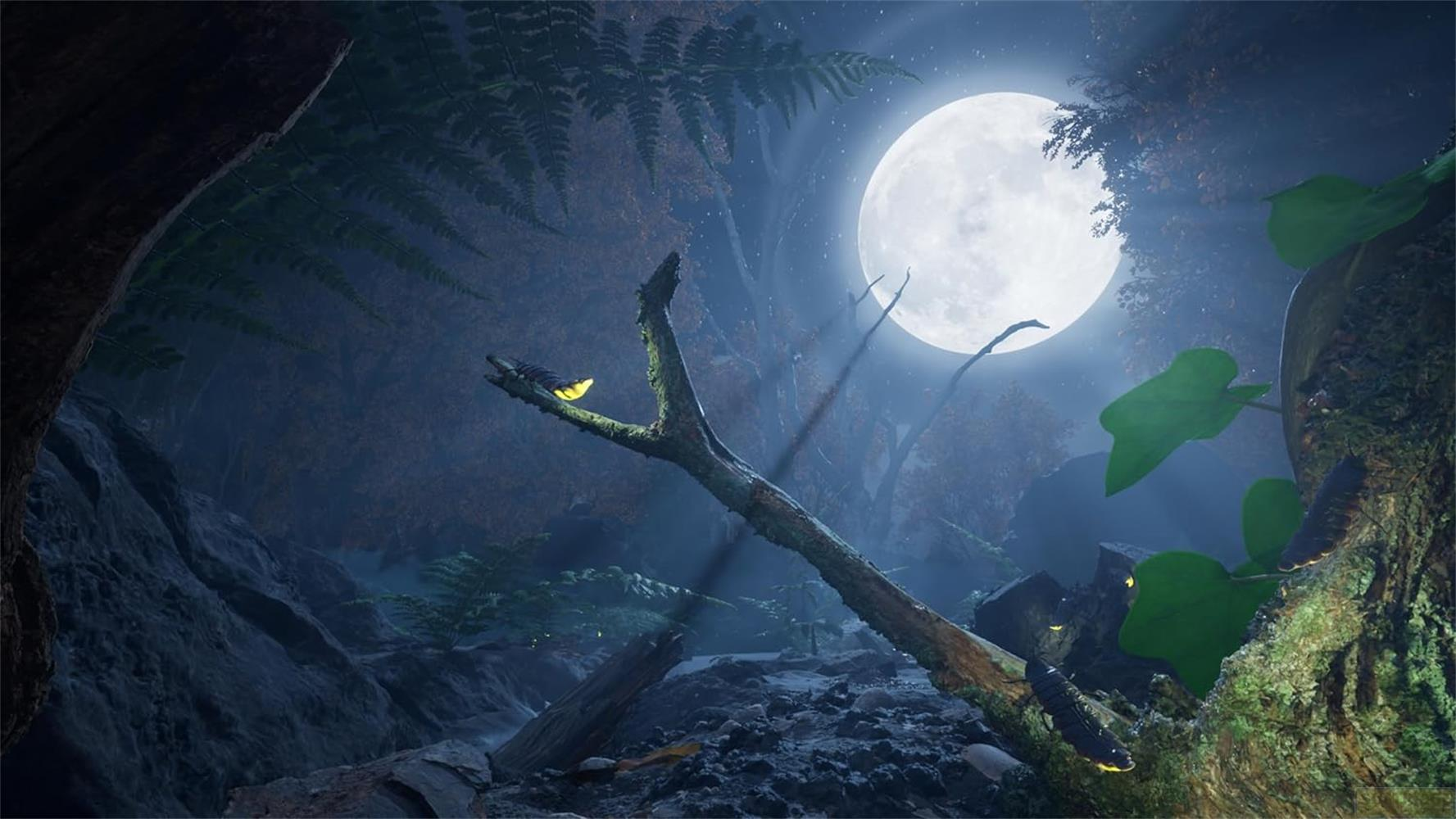 Glühwürmchen leuchten in einem dunklen Wald bei Vollmond auf Ästen und Moos.