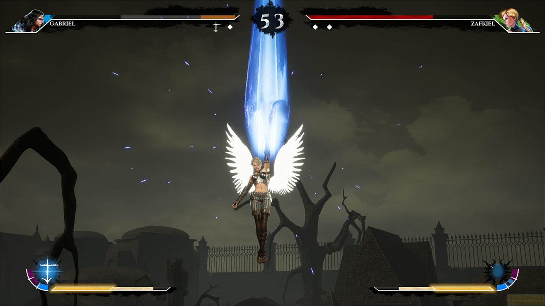 Ein geflügelter Charakter hebt einen blauen Energiestrahl in einem düsteren Spiel.