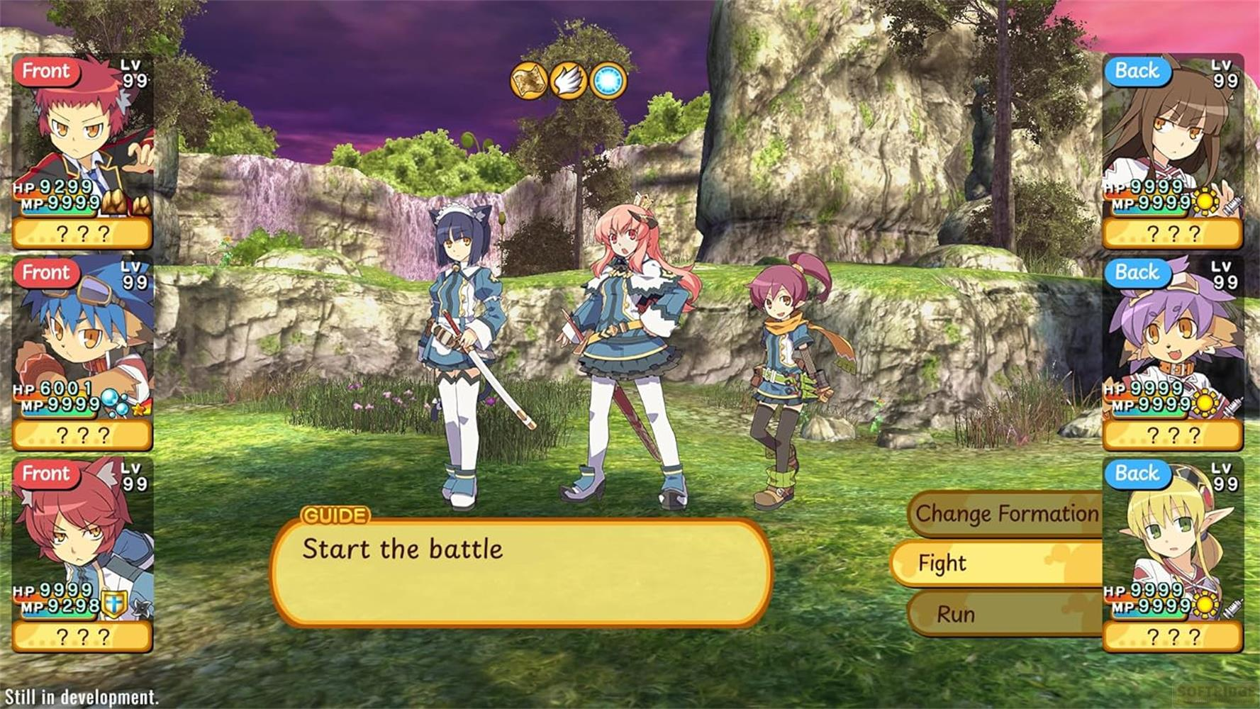 Personaggi anime su schermo di battaglia con opzioni come 'Combatti' e 'Fuggi'.