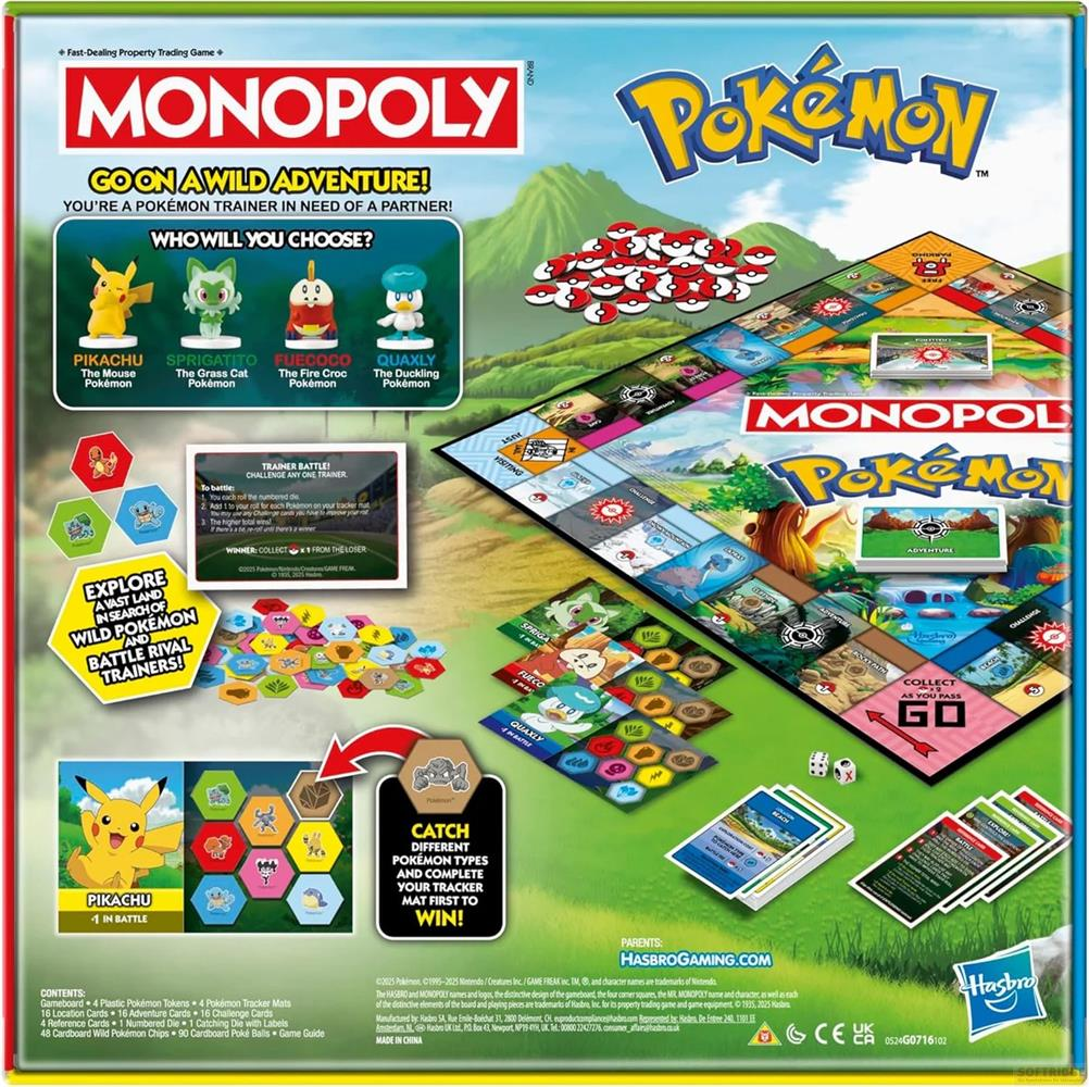 Tablero del juego Monopoly de Pokémon con fichas y cartas.