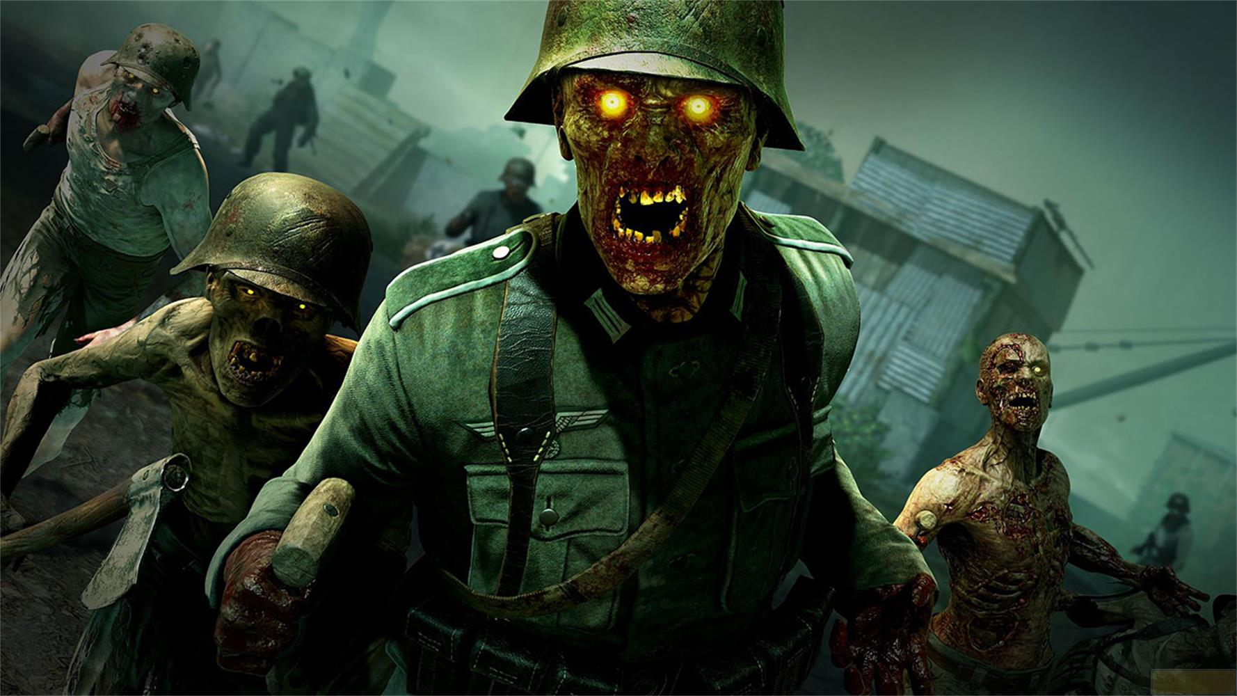 Des soldats zombies aux yeux brillants chargent. L'un tient une hache.