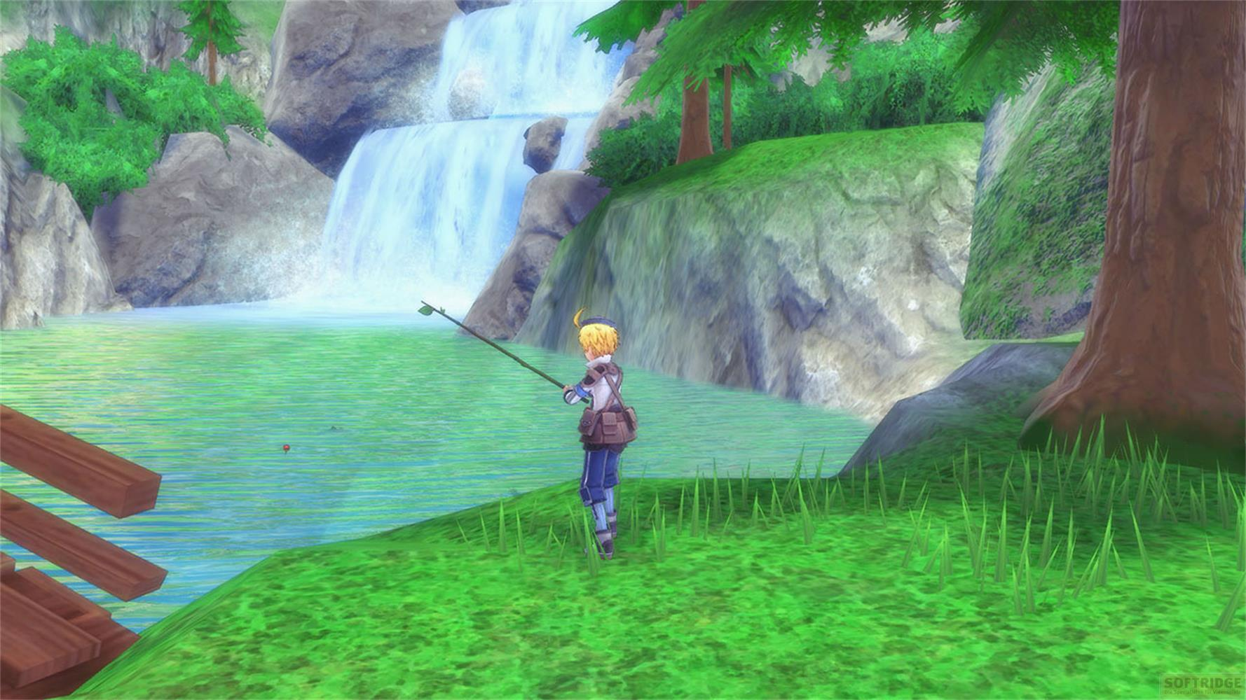 Ein blondhaariger Charakter angelt an einem See mit einem Wasserfall im Hintergrund.