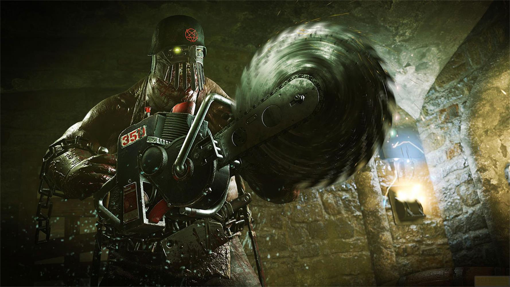 Un personnage musclé portant un casque et une tronçonneuse dans un environnement sombre et rocailleux.