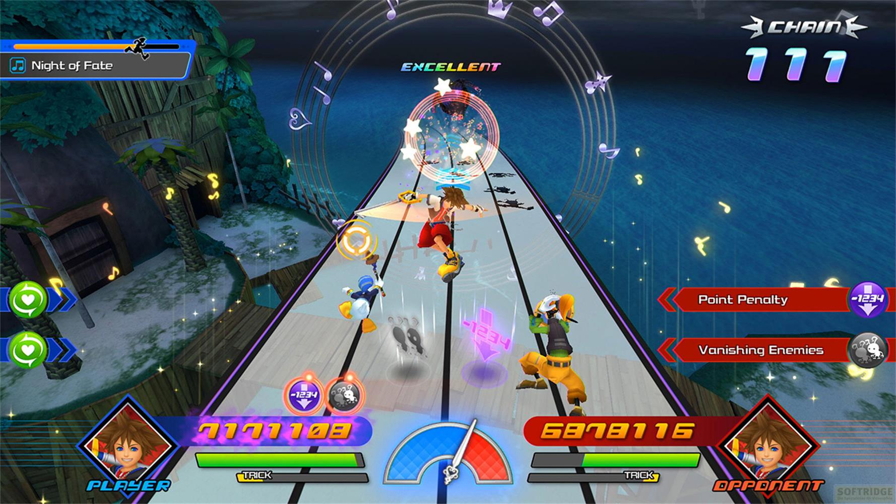 Sora, Donald und Goofy spielen ein Rhythmusspiel auf einer tropischen Insel.