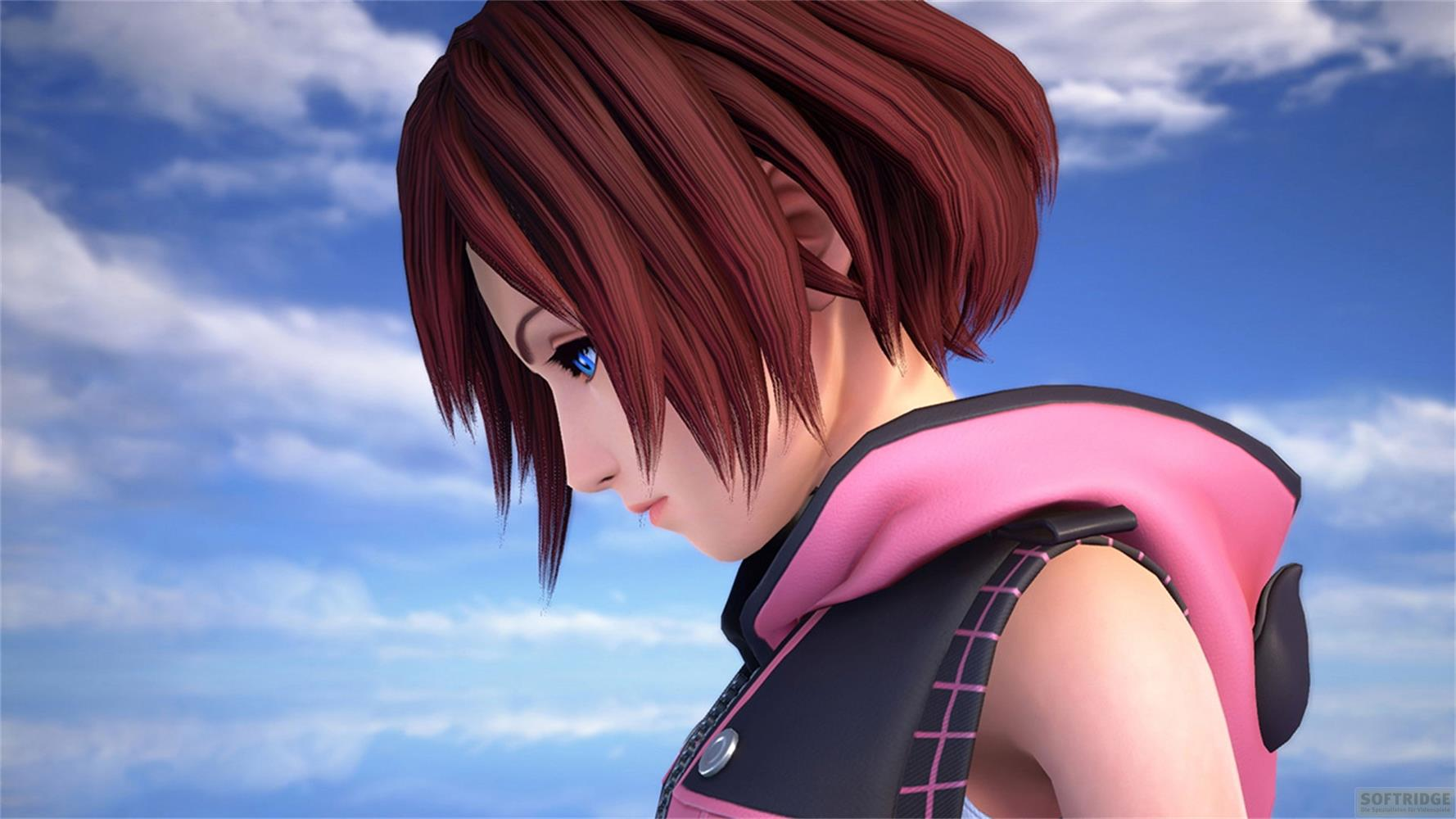 Ein Anime-Mädchen mit roten Haaren und blauen Augen blickt nach unten.