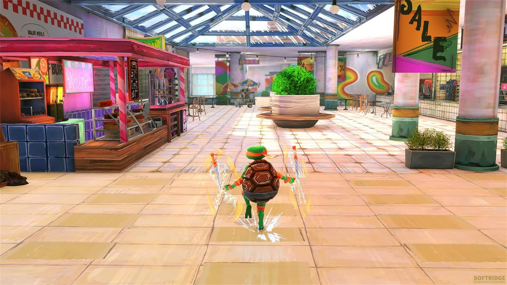Une Tortue Ninja Mutante Adolescente avec nunchakus se tient sur un sol carrelé dans un atrium.