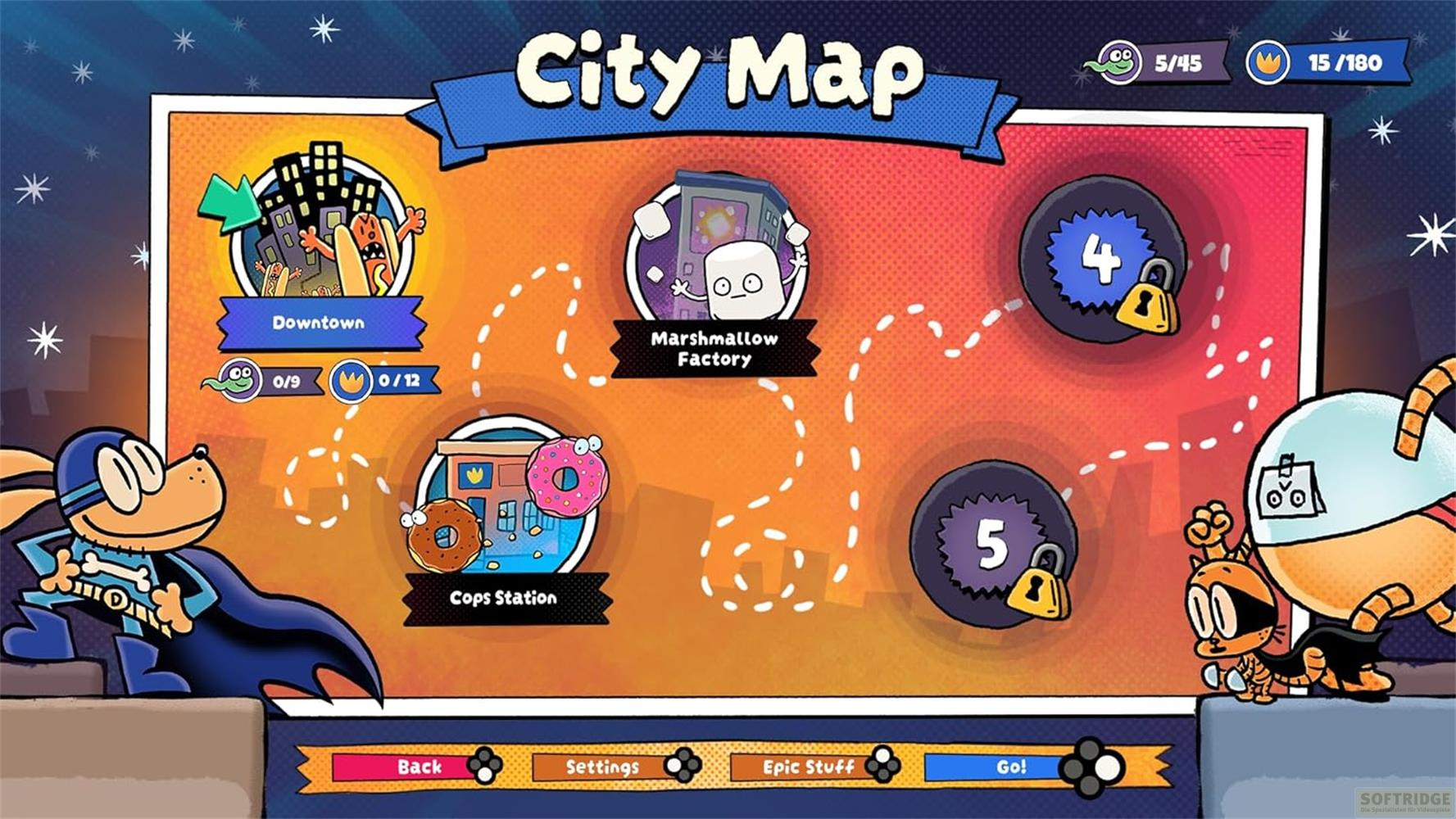Stadtkarte mit Charakteren, Orten wie Downtown, Marshmallow Factory und Cops Station.