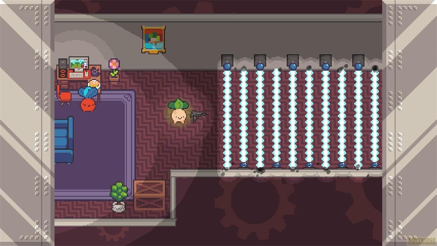 Scena pixel con un personaggio che tiene una pistola e file di raggi di luce blu.