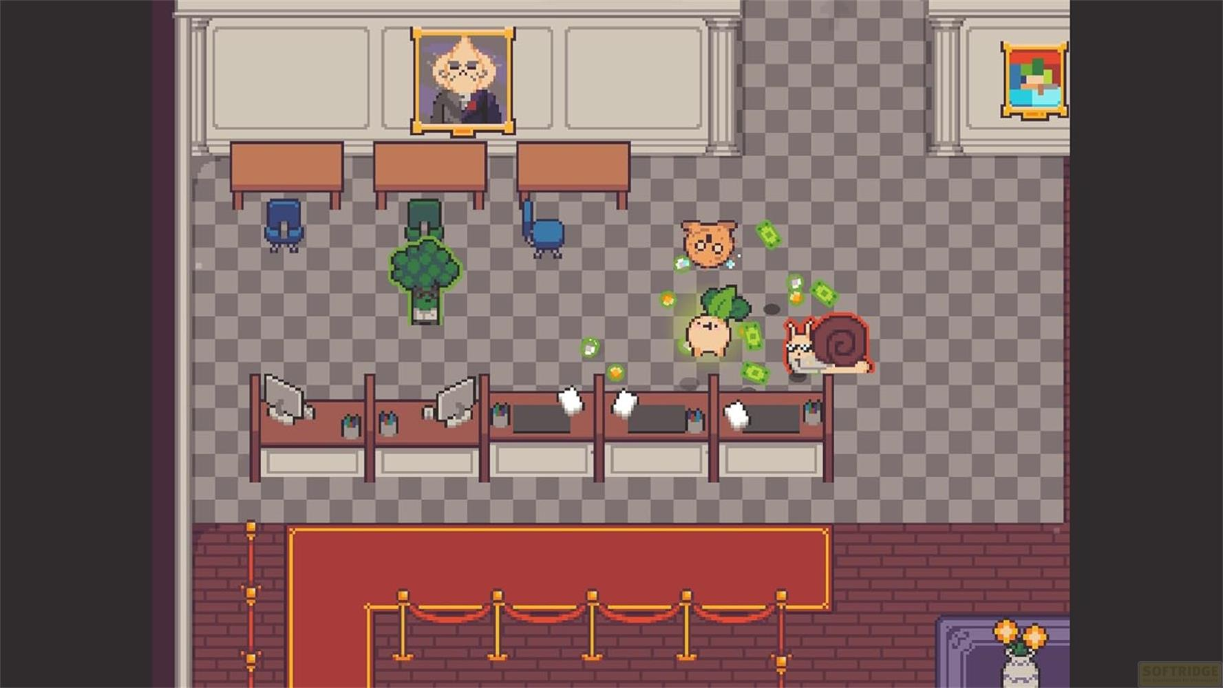 Scena pixel con personaggi, soldi e una lumaca davanti ai banconi.