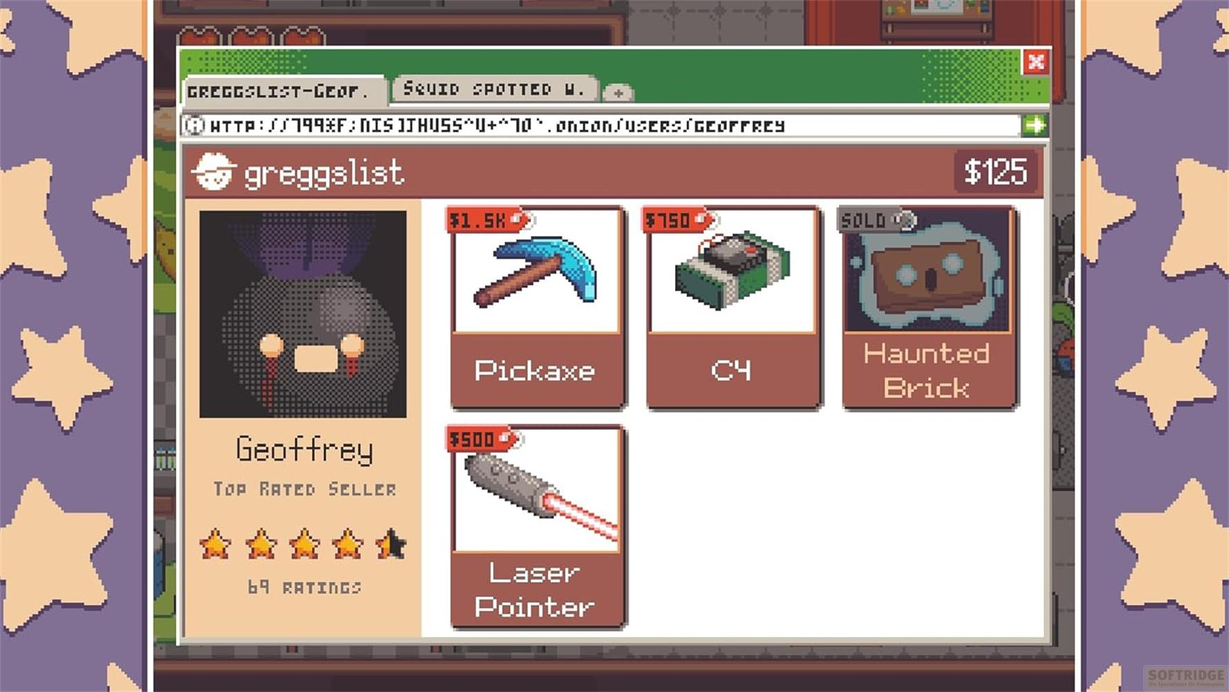 Visualizzazione negozio pixel art con profilo venditore e articoli come piccone, C4, puntatore laser.