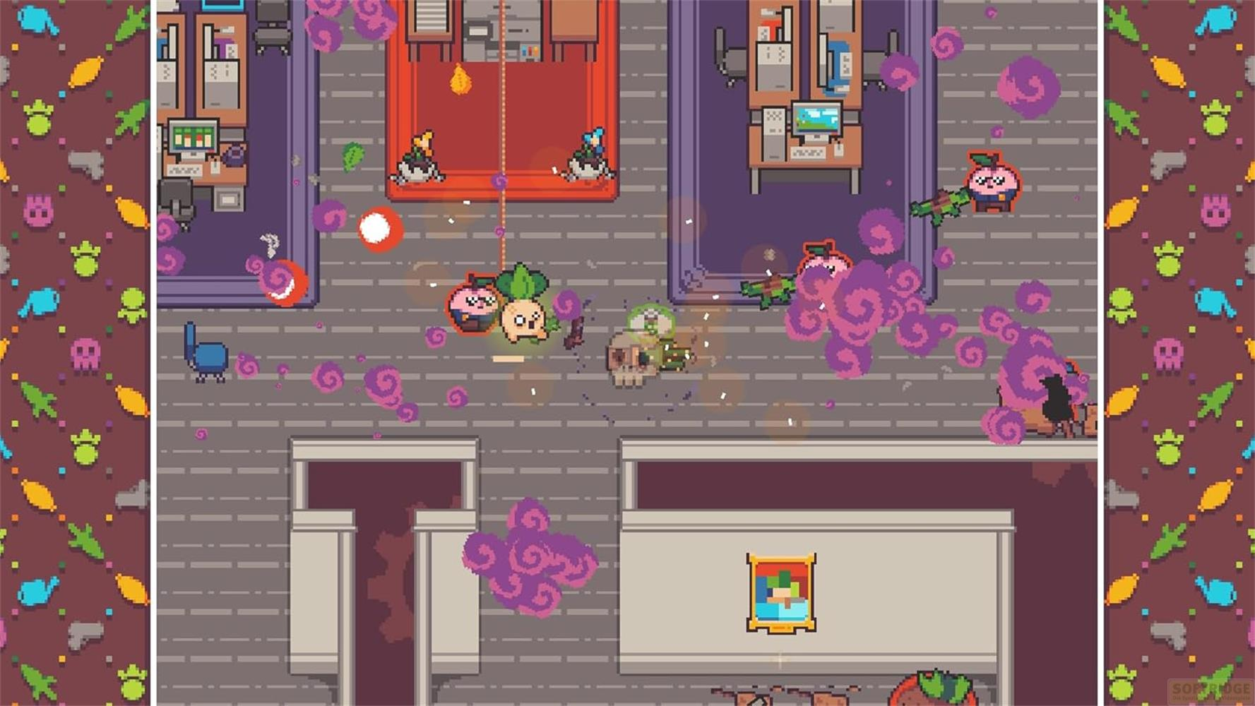 Scena pixel art con personaggi che sparano e creano fumo viola.