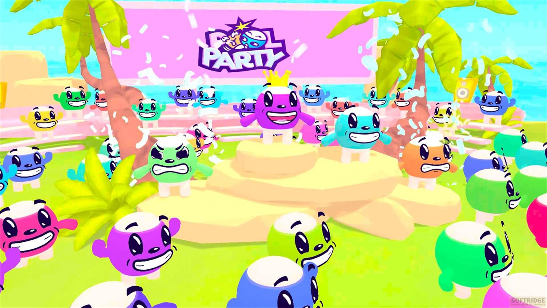 Bunte Comic-Figuren mit großen Augen feiern eine Party unter Palmen.