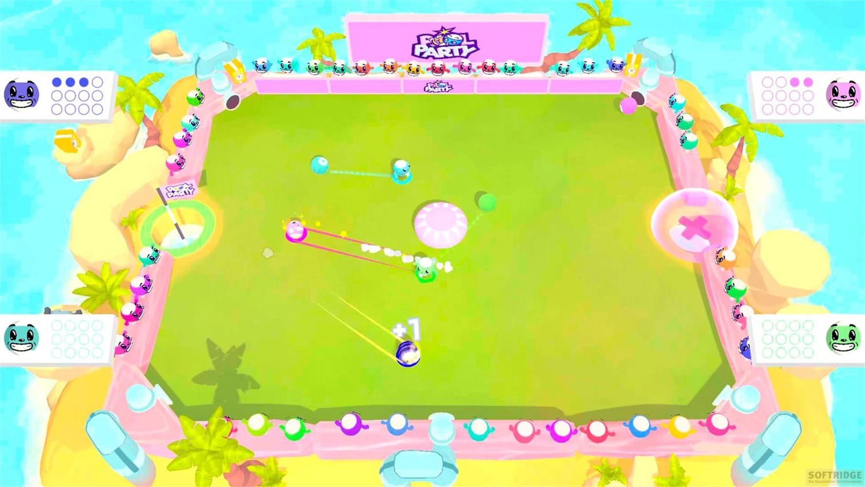 Ein bunter Spielbildschirm mit Cartoon-Charakteren, die Bälle werfen. Strand-Thema.