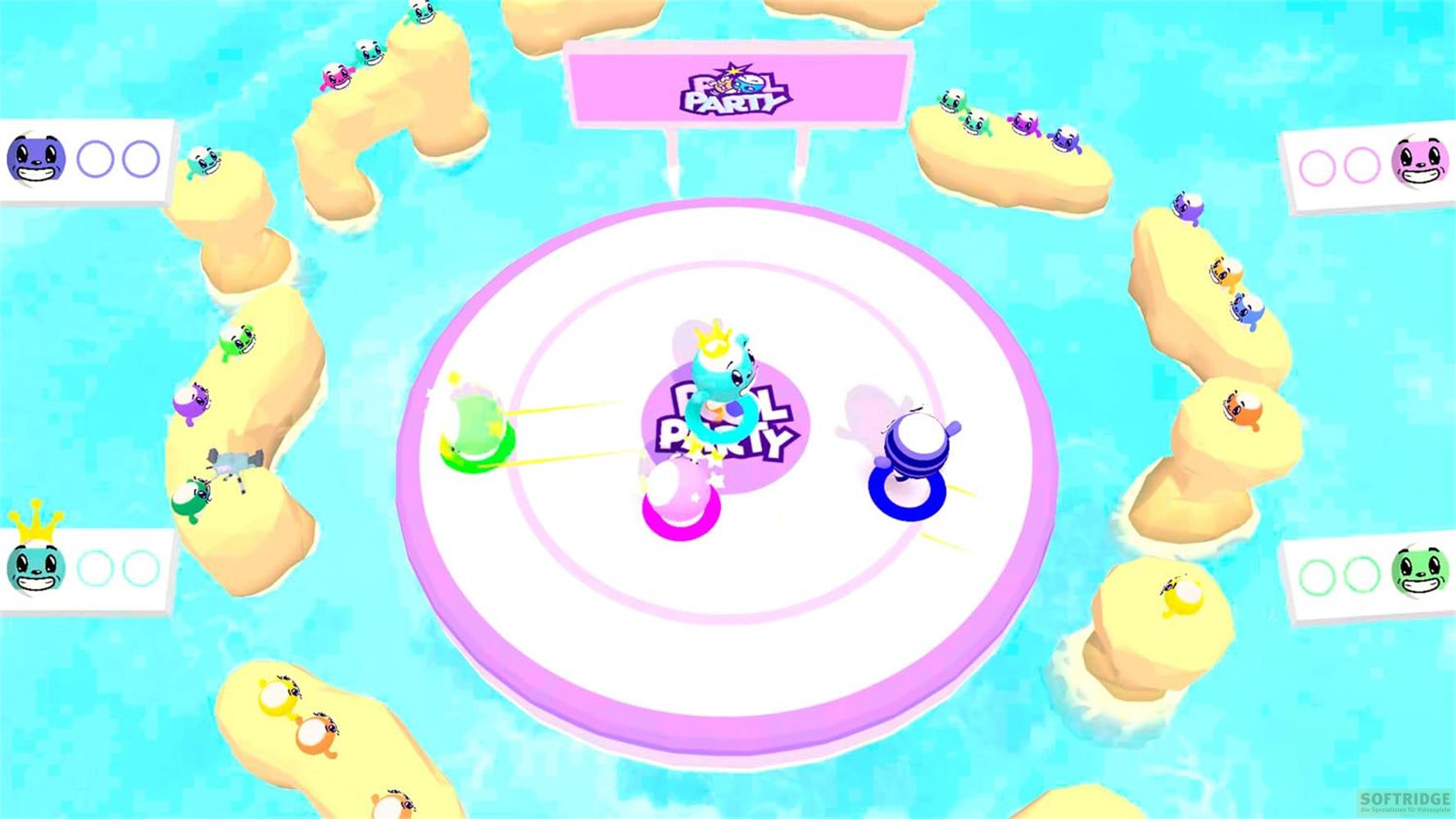 Bunte Charaktere auf Inseln in einem Poolspiel mit "Pool Party"-Logo.