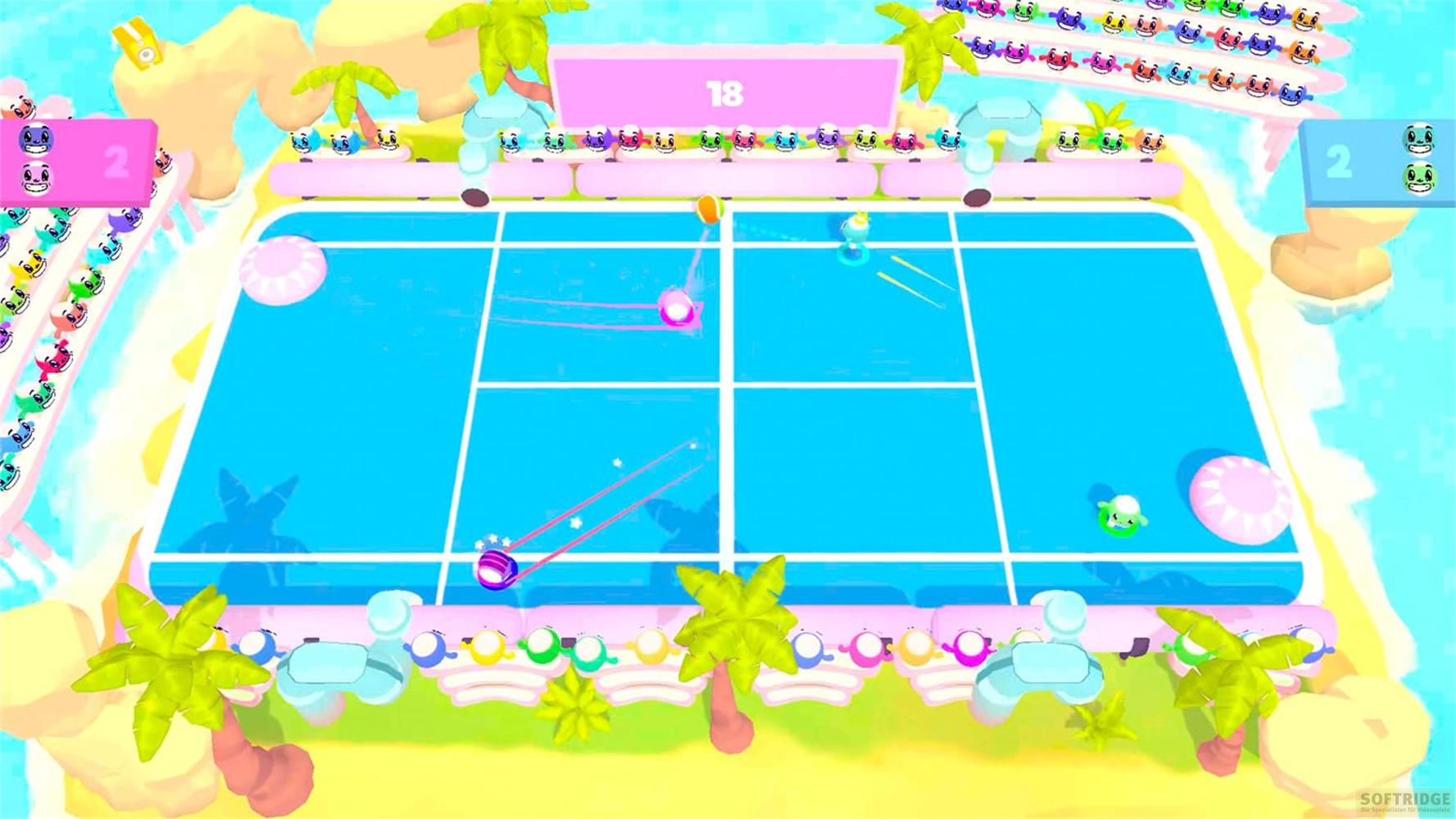 Buntes Spiel auf einem blauen Tennisplatz mit Palmen und vielen kleinen Charakteren.