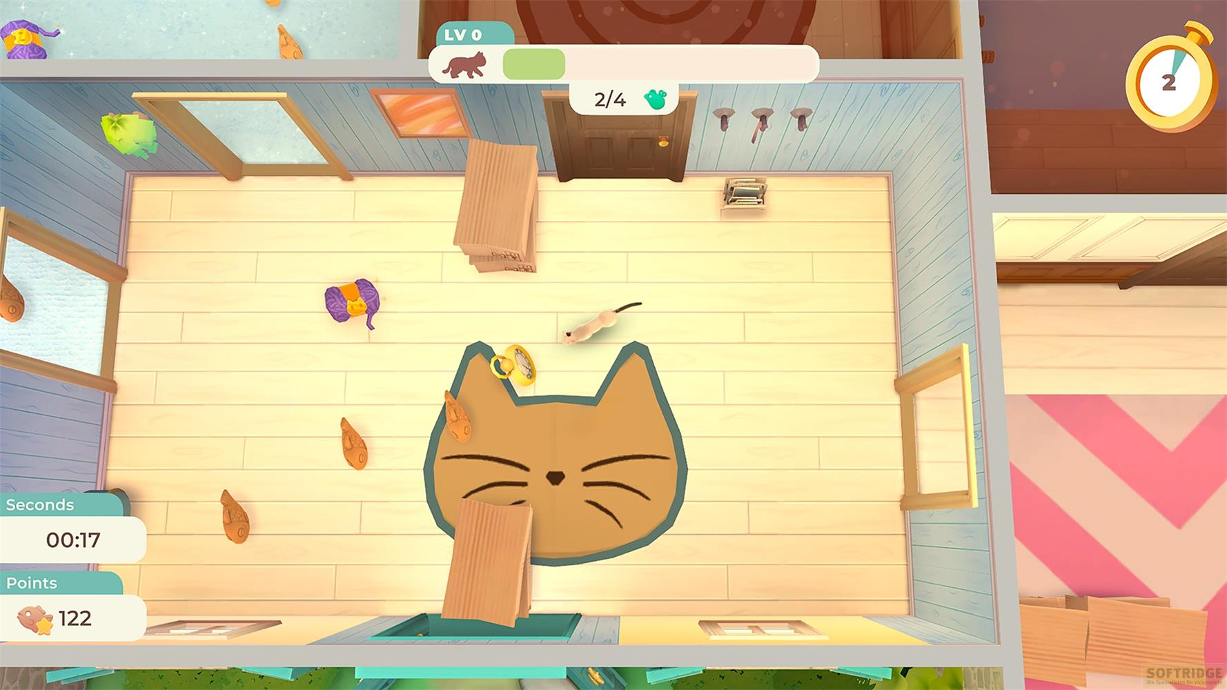 Ein Katzenteppich an der Wand, ein Spielzeug, ein Fenster und Spiel-UI.