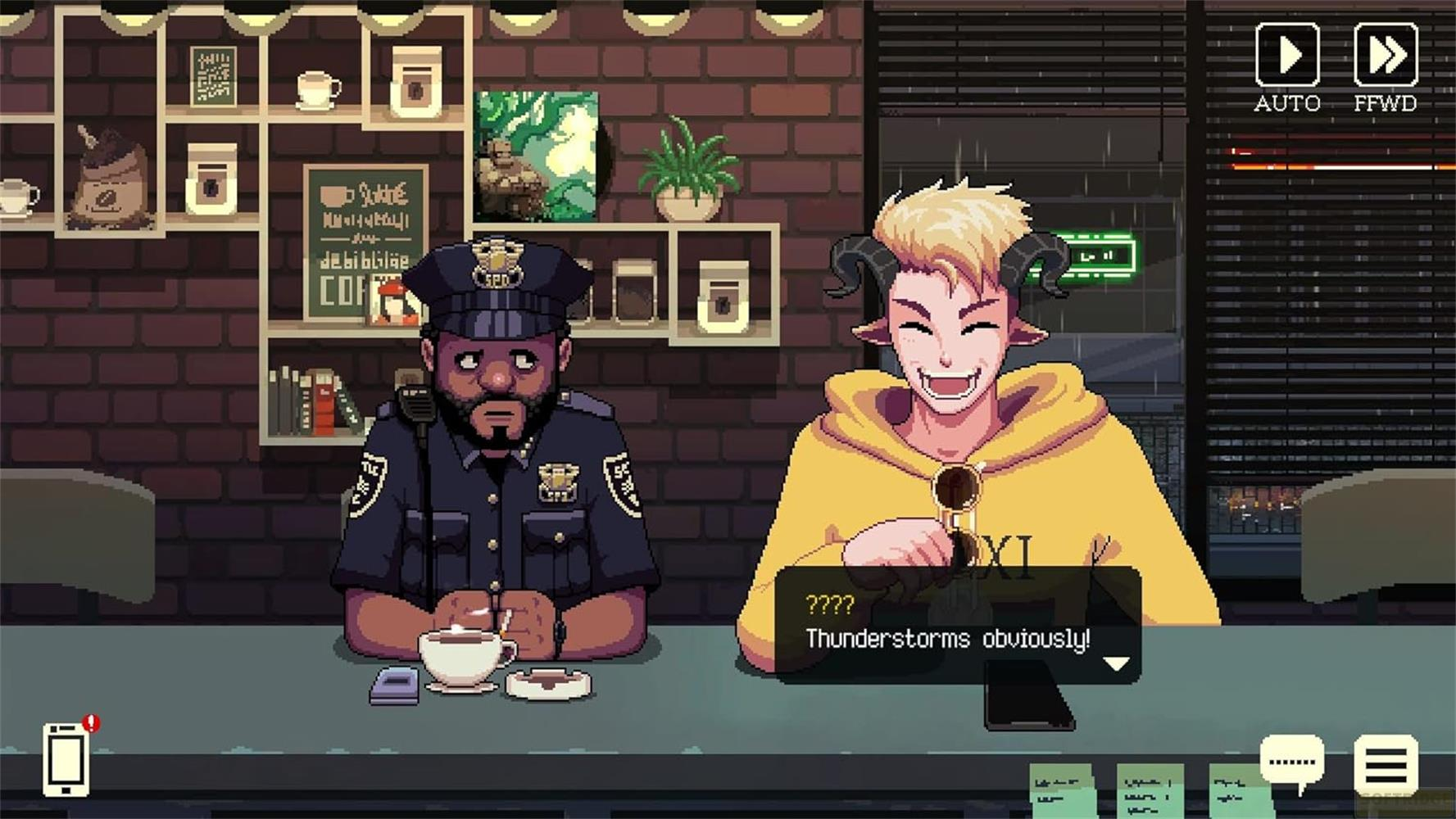 Polizist und Mann mit Hörnern sitzen an einer Theke. Der Polizist trinkt Kaffee.